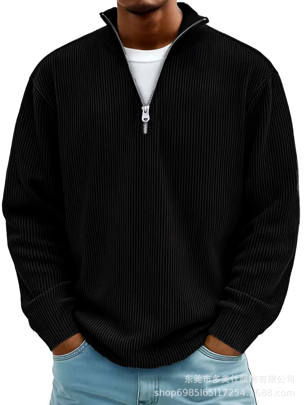 Men's Corduroy Quarter-Zip Stand Collar Long Sleeve Polo Shirt in Black - product view