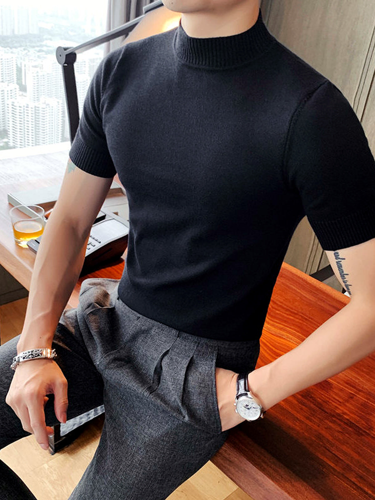 Men's Quick-Dry Henley Short Sleeve T-Shirt in Black - product view