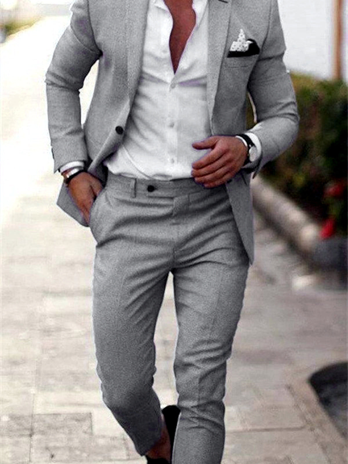 Men's Lightweight Business Blazer and Pants Set Casual Suit Outfit in Light Gray - product view