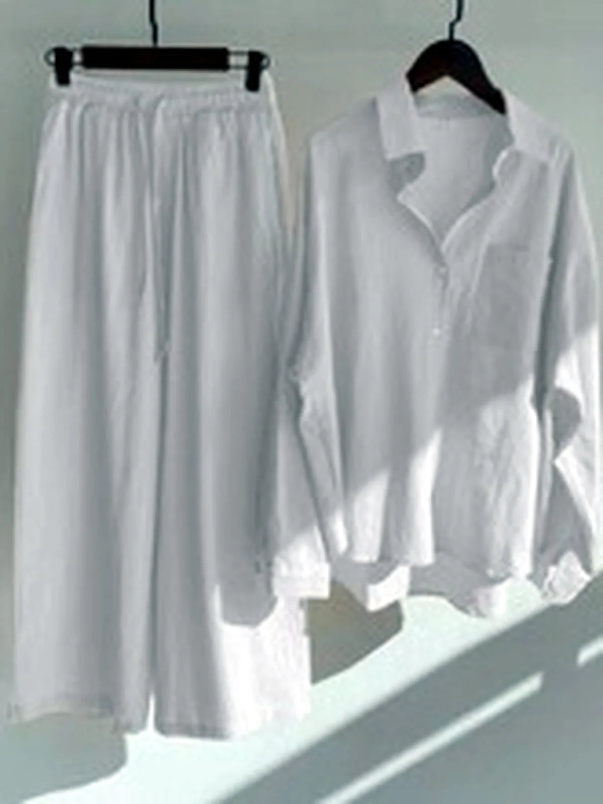 Women's Cotton Linen Two Piece Set with Shirt and Pants in White - product view