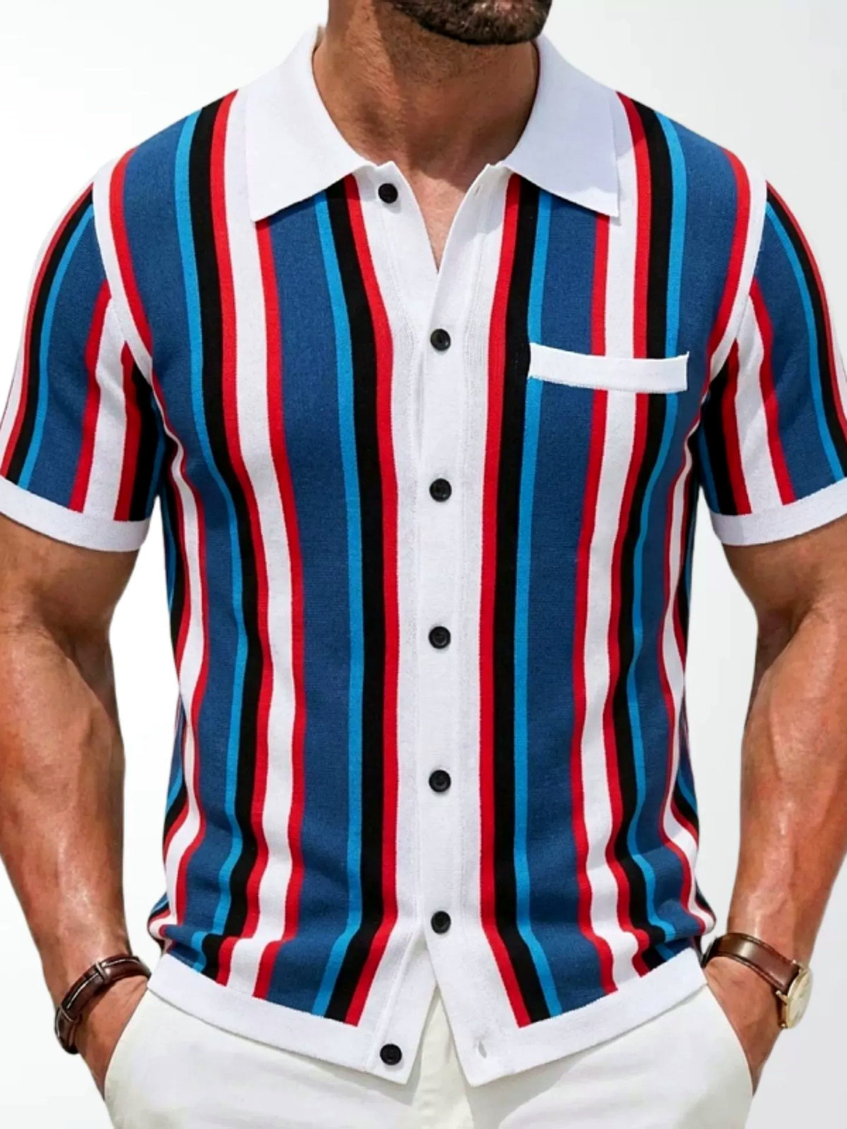 Men's Striped Jacquard Knit Short Sleeve Polo Shirt Business Casual Summer Top - product detail view 3