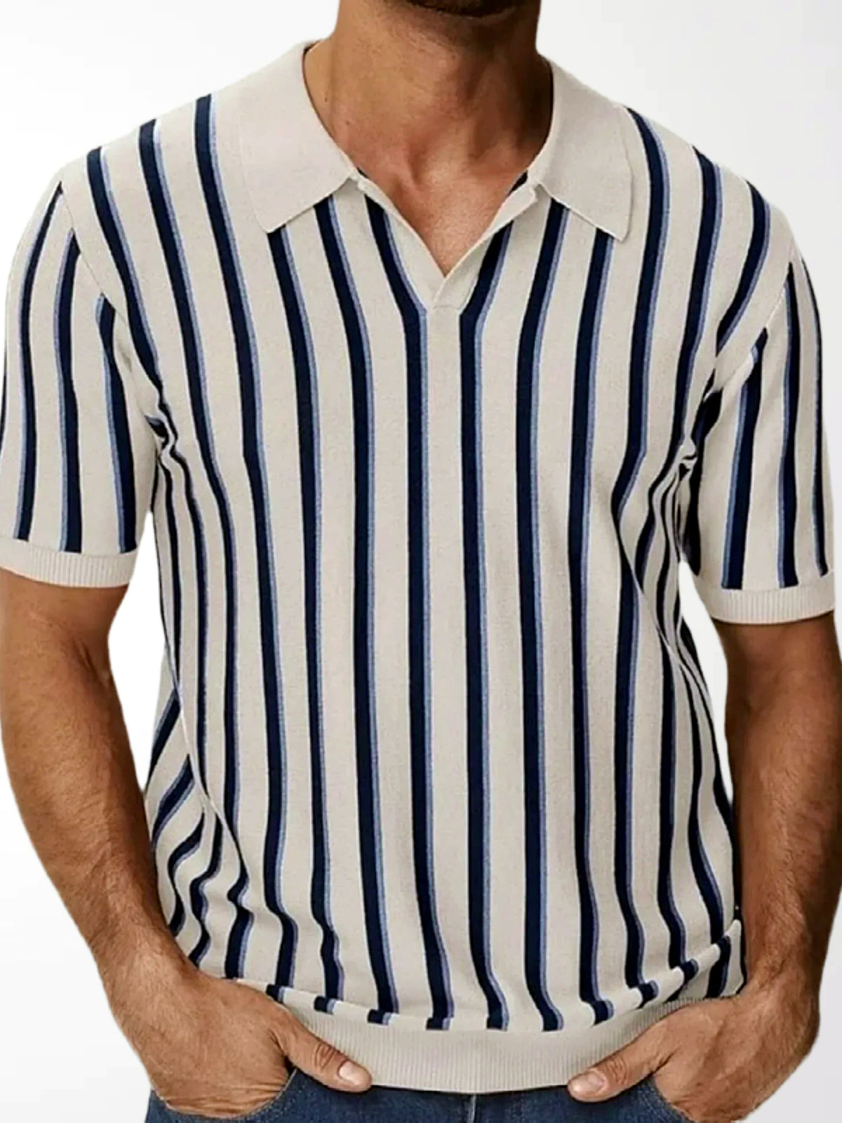 Men's Striped Jacquard Knit Short Sleeve Polo Shirt Business Casual Summer Top - product detail view 2