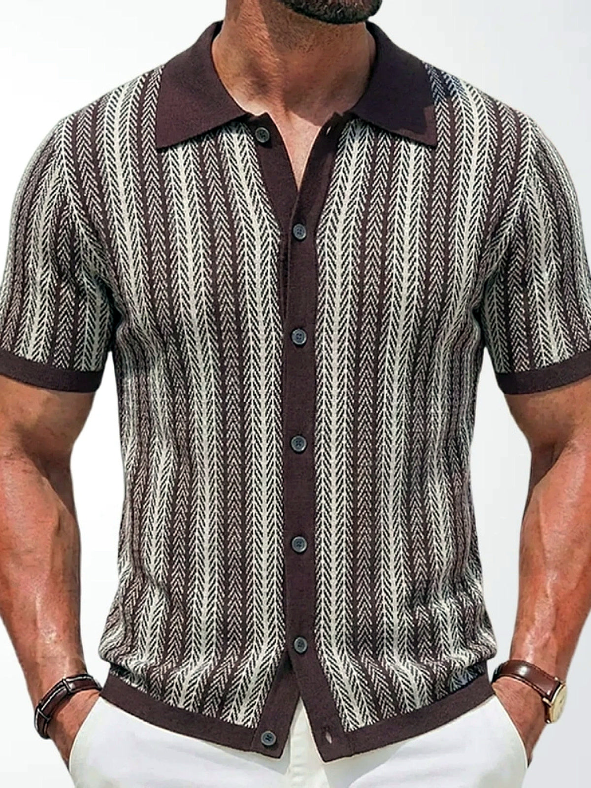 Men's Striped Jacquard Knit Short Sleeve Polo Shirt Business Casual Summer Top - product detail view 2