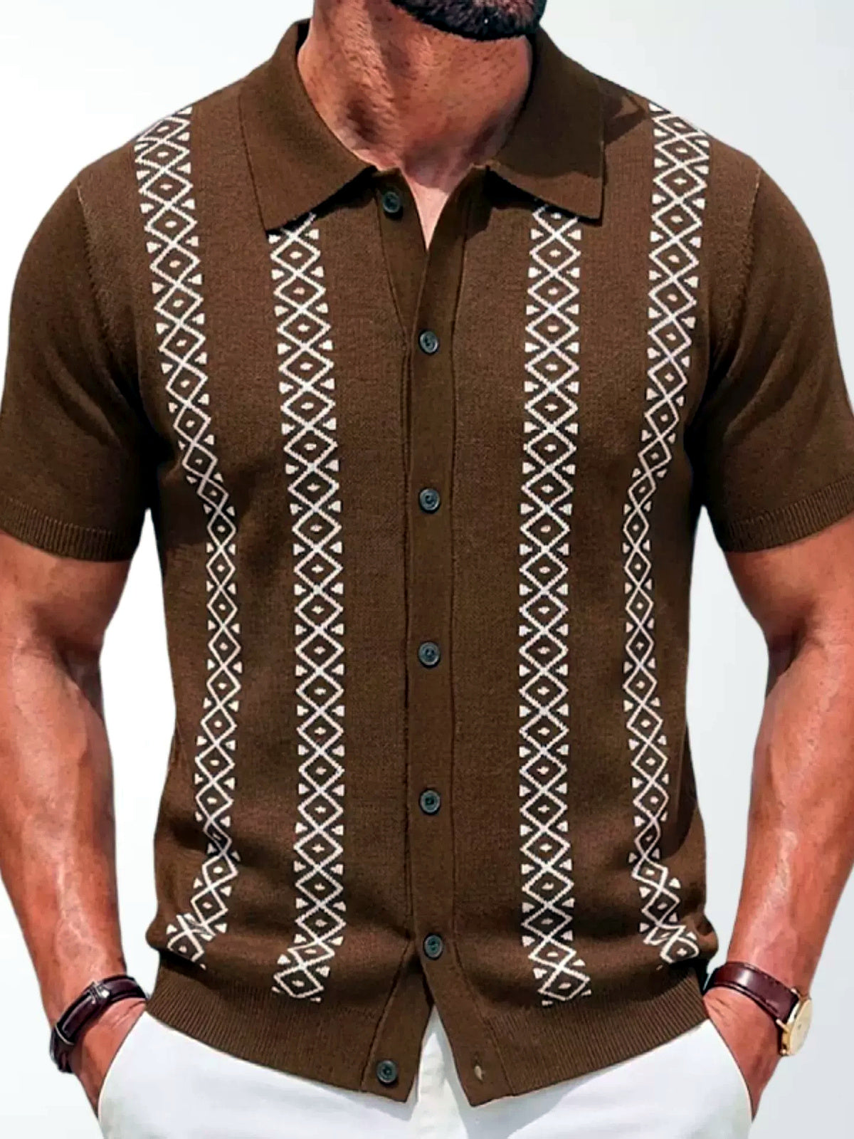 Men's Striped Jacquard Knit Short Sleeve Polo Shirt Business Casual Summer Top - product detail view 2