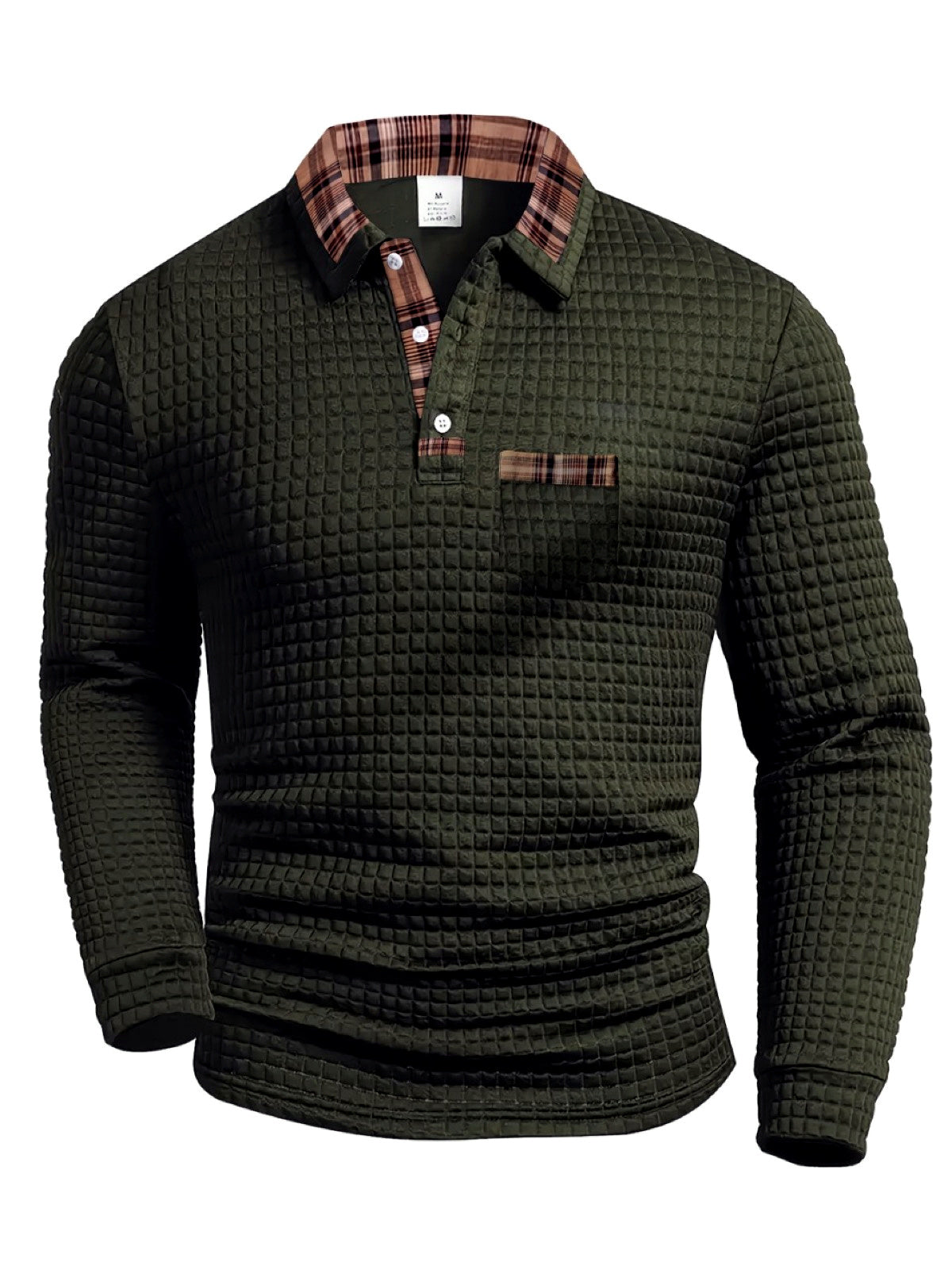 Men's Plaid Patchwork Pocket Long Sleeve Polo Shirt in Army Green - product view