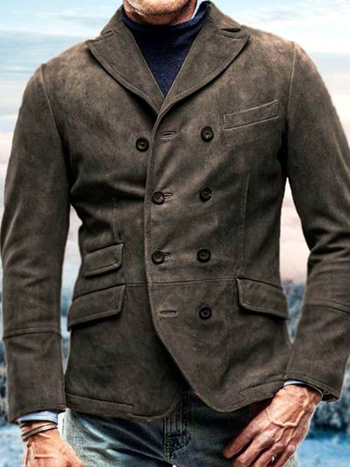 Men's Lapel Collar Long Sleeve Shirt Casual Winter in Brown - product view