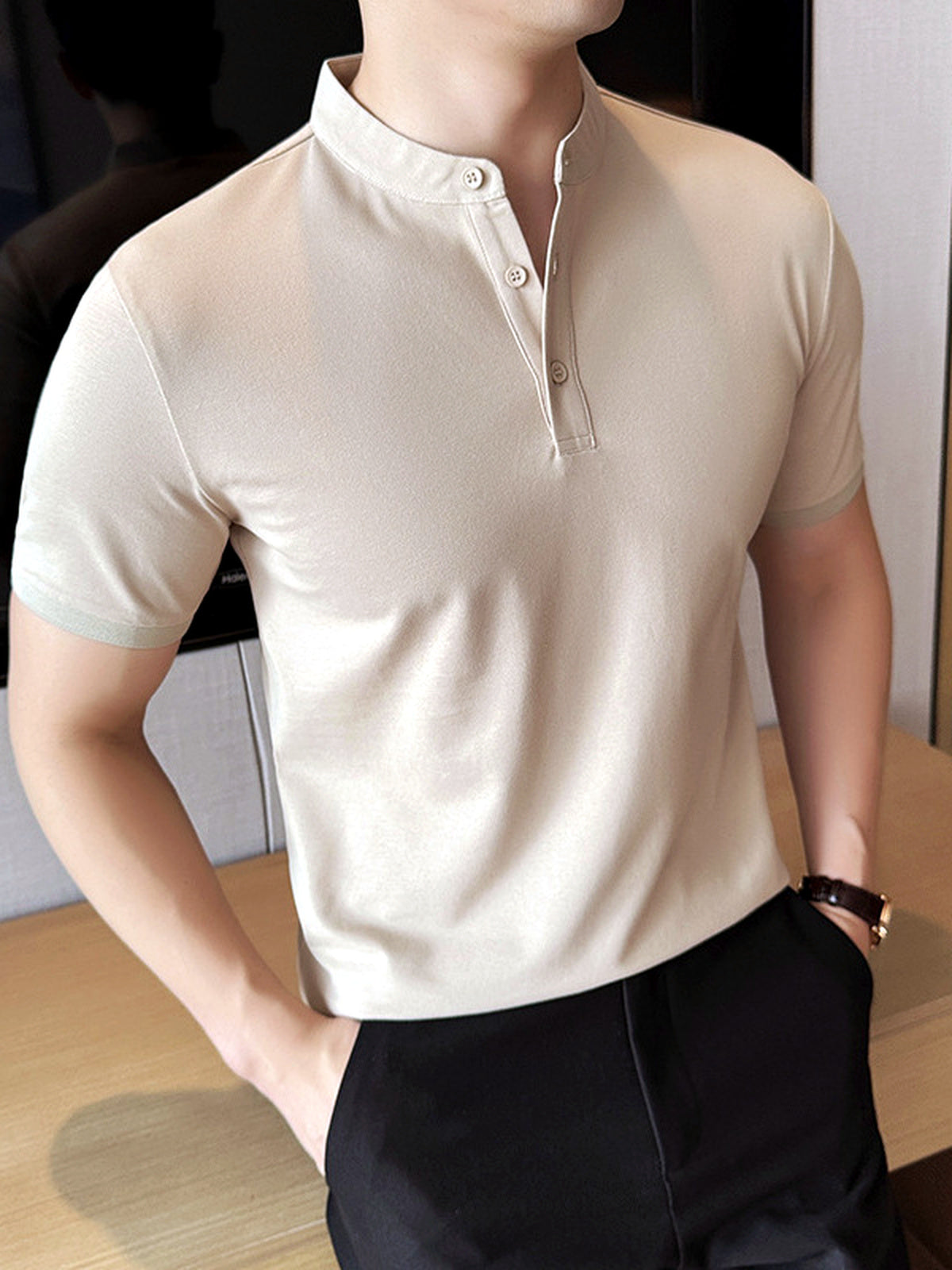 Men's Quick-Dry Henley Short Sleeve T-Shirt in Apricot - product view