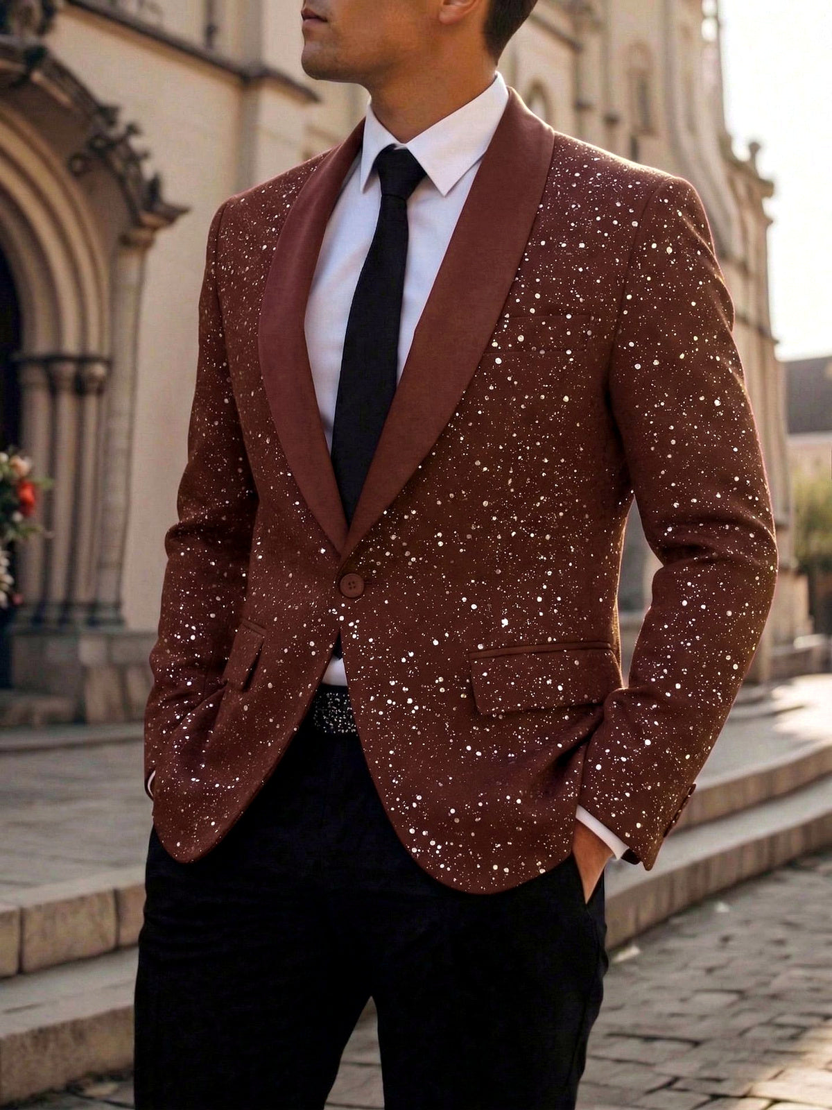 Men's Jacquard Blazer Suit Jacket One Button Party Banquet Formal Outfit in Brown - product view
