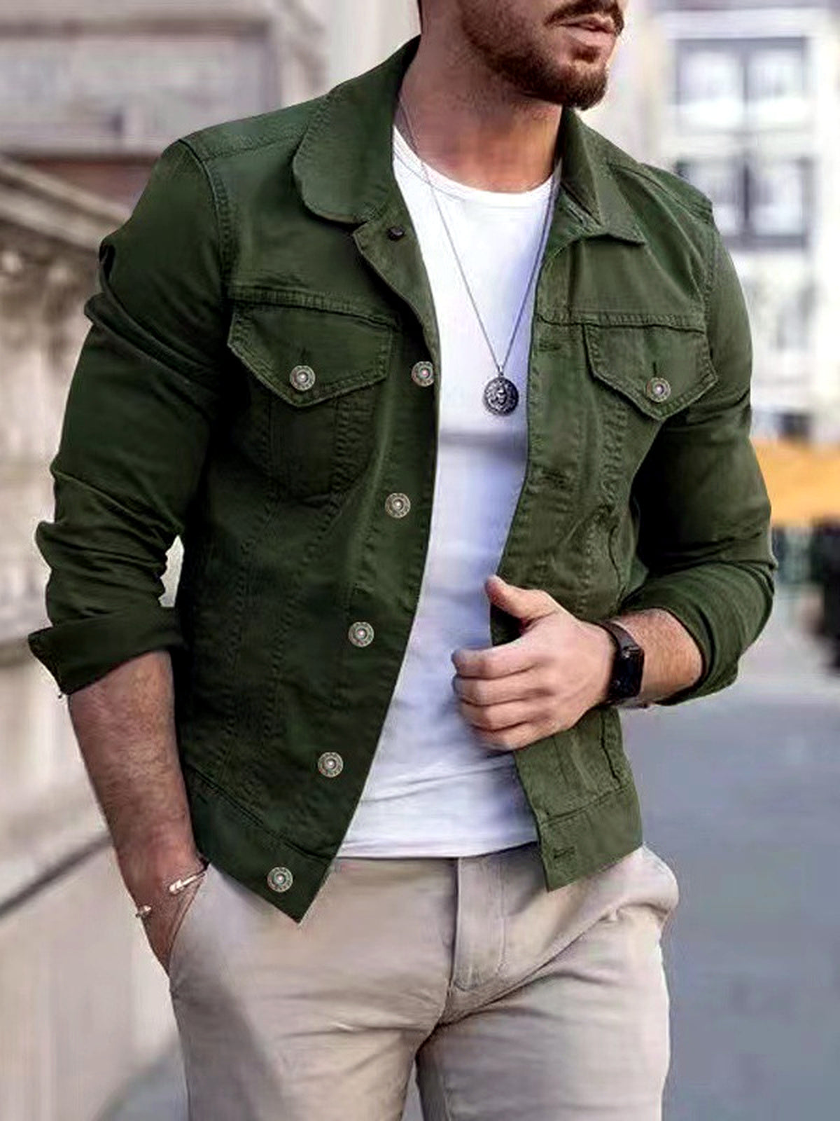 Men's Stand Collar Solid Color Slim Fit Long Sleeve Jacket for Everyday Smart-Casual Wear in Army Green - product view