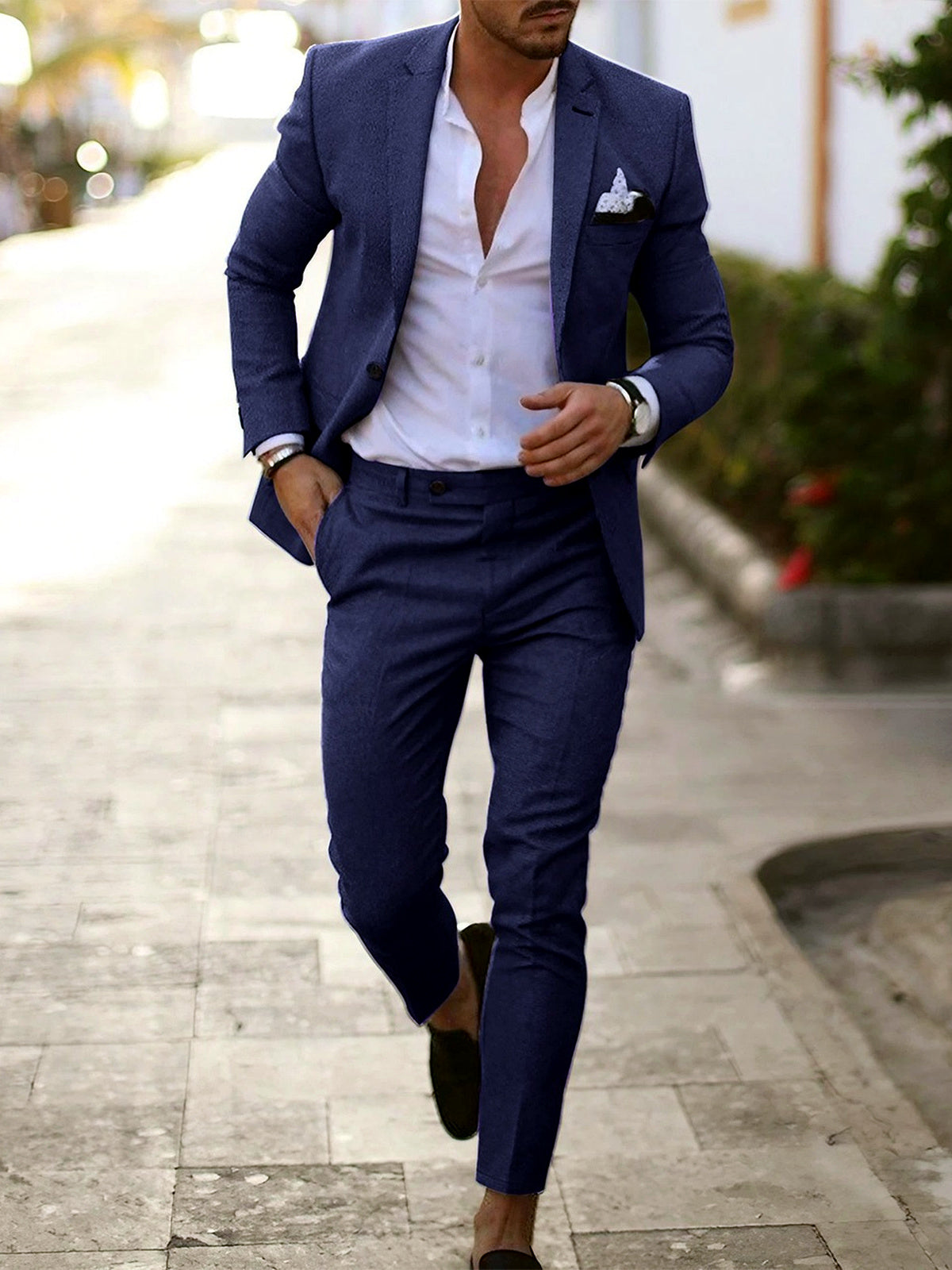 Men's Lightweight Business Blazer and Pants Set Casual Suit Outfit in Dark Blue - product view