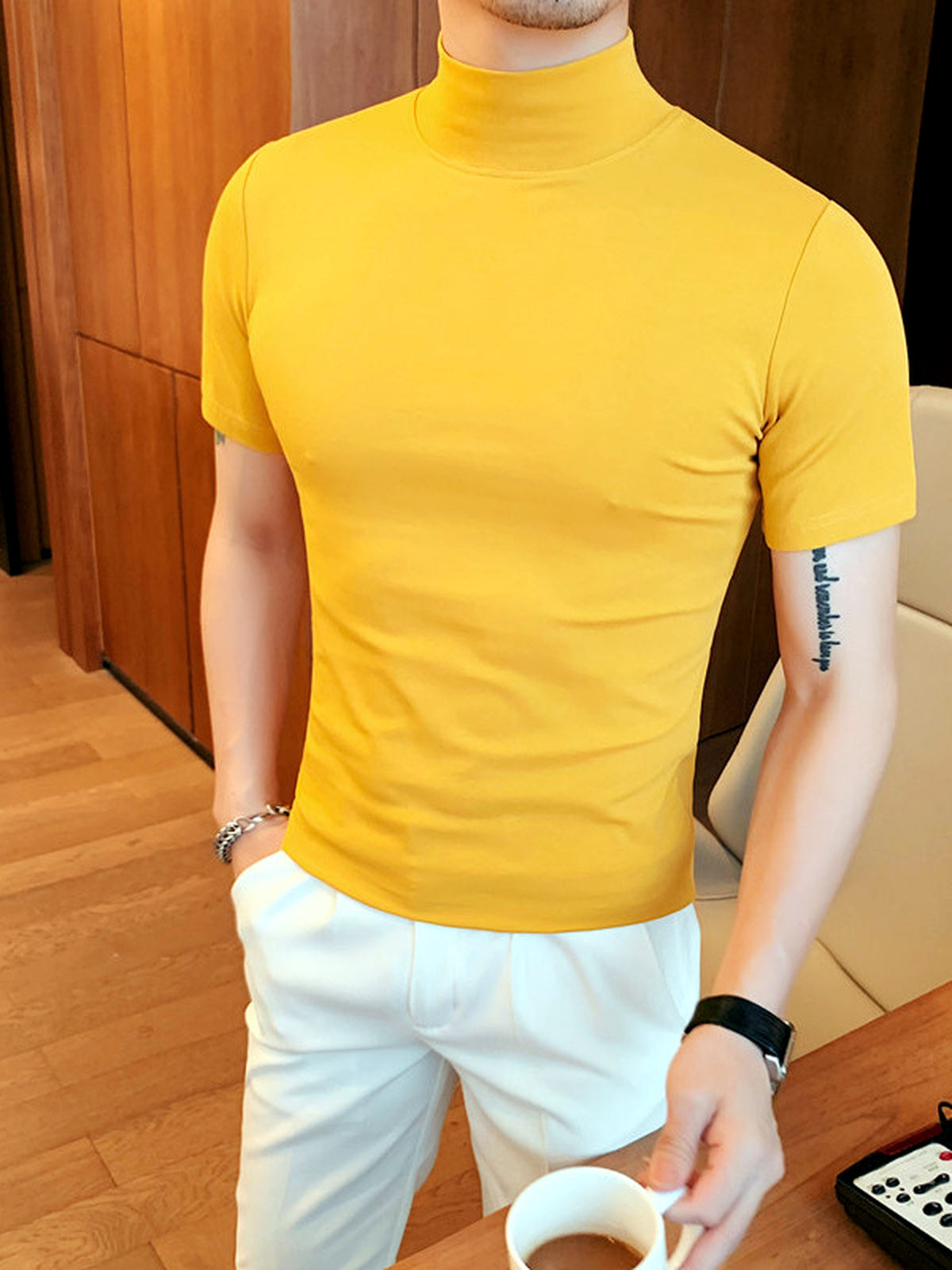 Men's Quick-Dry Henley Short Sleeve T-Shirt in Yellow - product view
