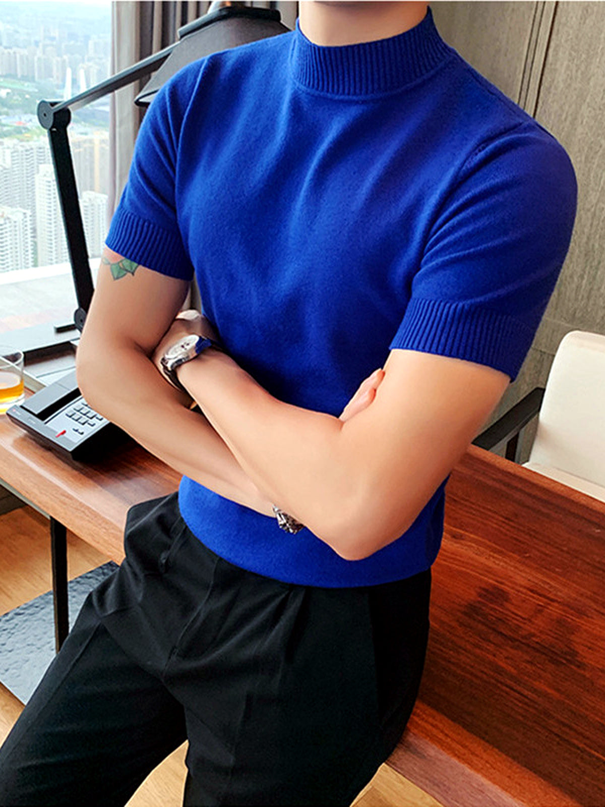 Men's Quick-Dry Henley Short Sleeve T-Shirt in Blue - product view