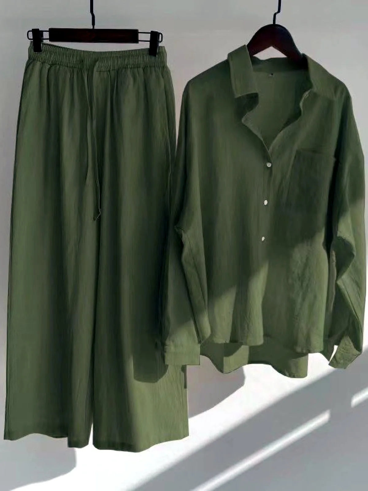 Women's Cotton Linen Button-Up Shirt & Wide-Leg Pants Set in Army Green - product view