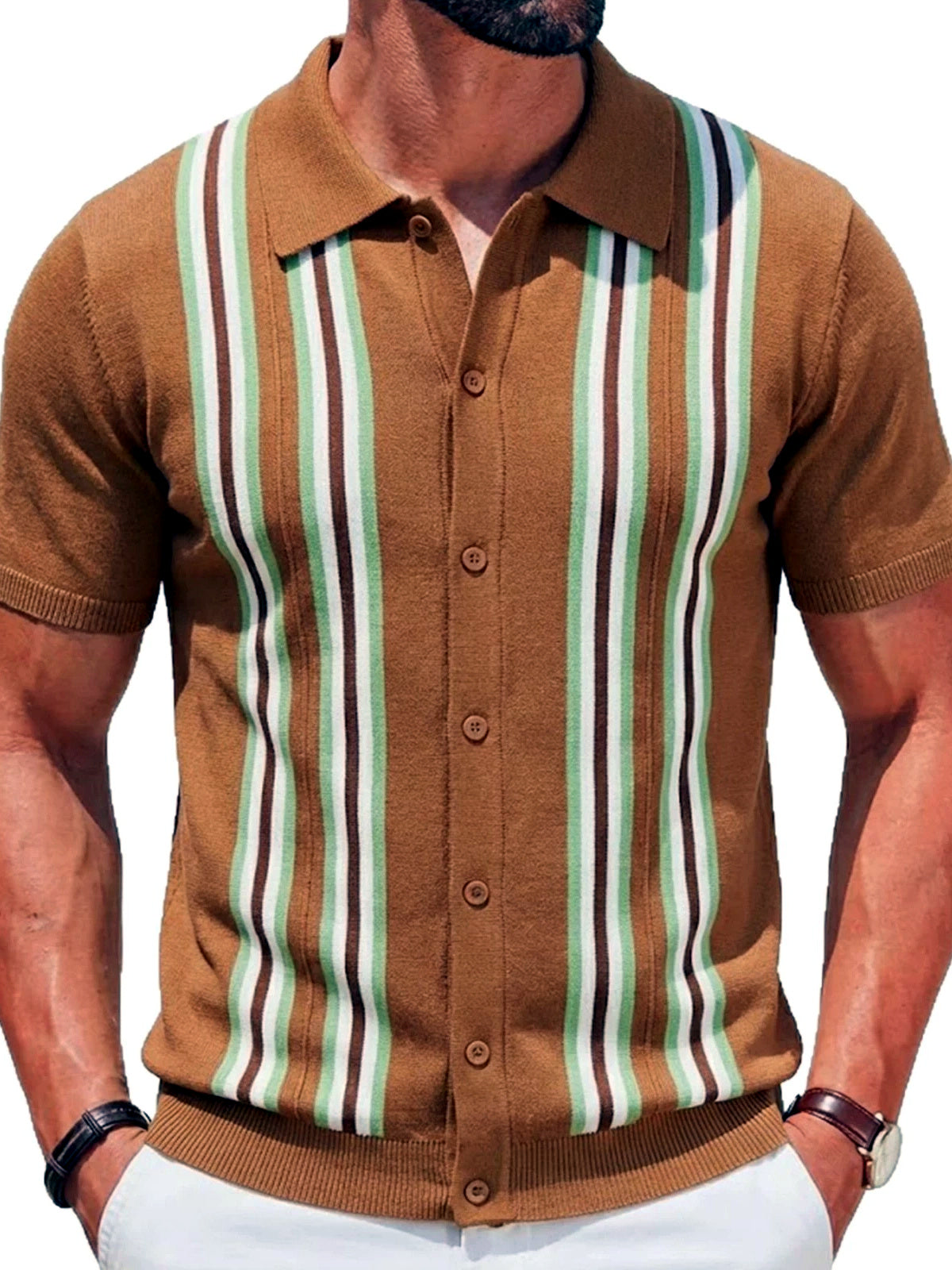 Men's Jacquard Knit Short Sleeve Polo Shirt Business Casual Summer Top - product detail view 3