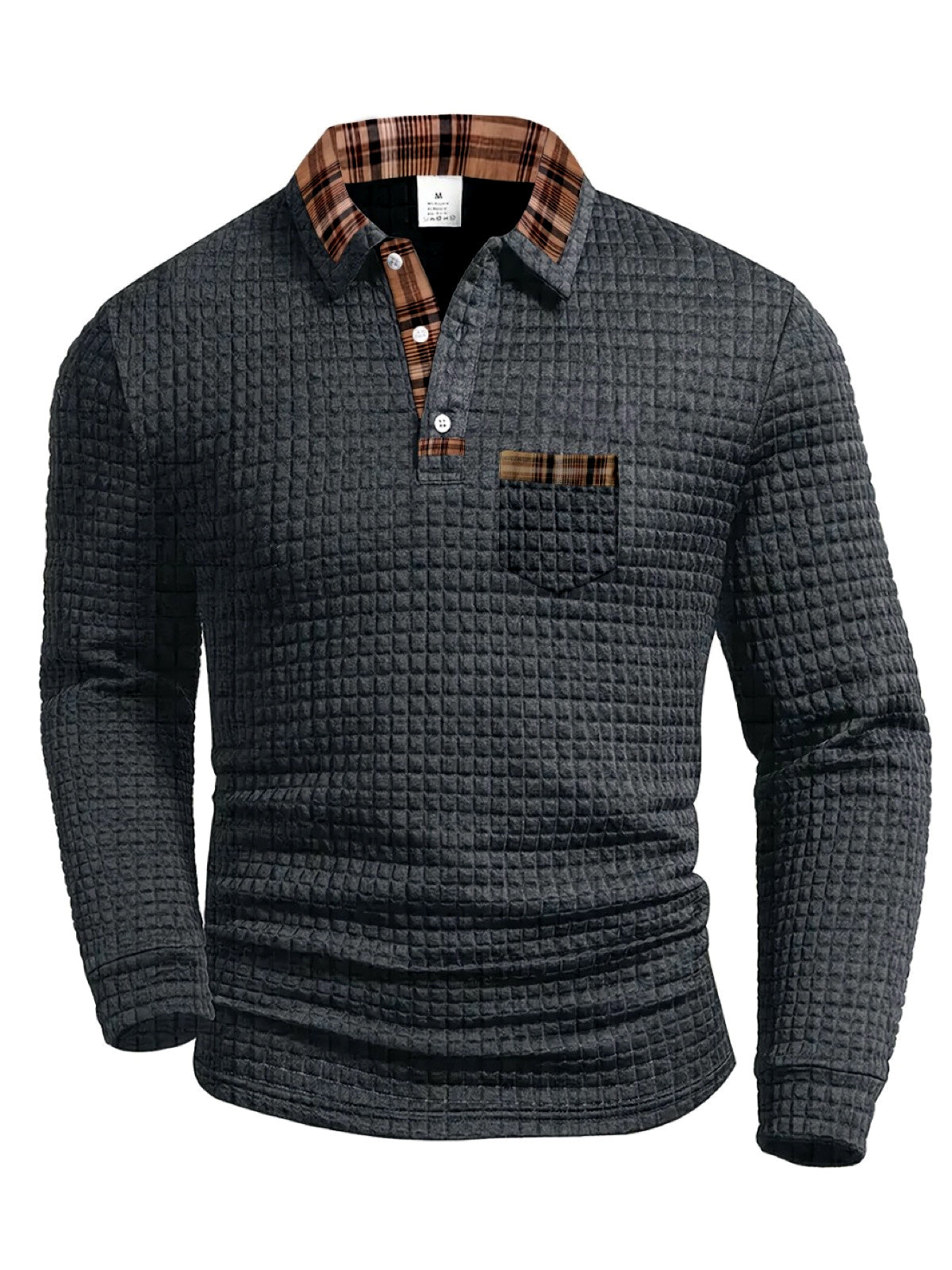 Men's Plaid Patchwork Pocket Long Sleeve Polo Shirt in Gray - product view
