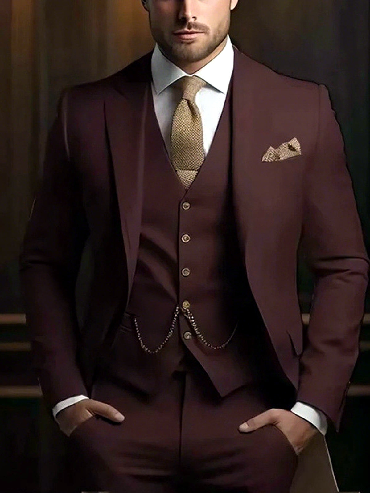 Men's Jacquard Blazer Suit Jacket One Button Party Banquet Formal Outfit in Burgundy - product view