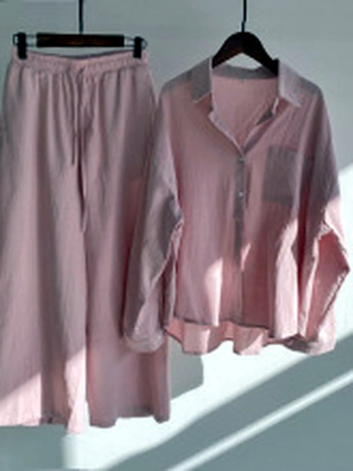Women's Cotton Linen Two Piece Set with Shirt and Pants in Pink - product view