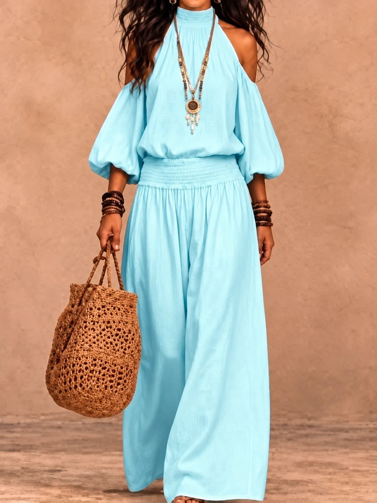 Women's Top and Wide-Leg Pants Two-Piece Set in Light Blue - product view