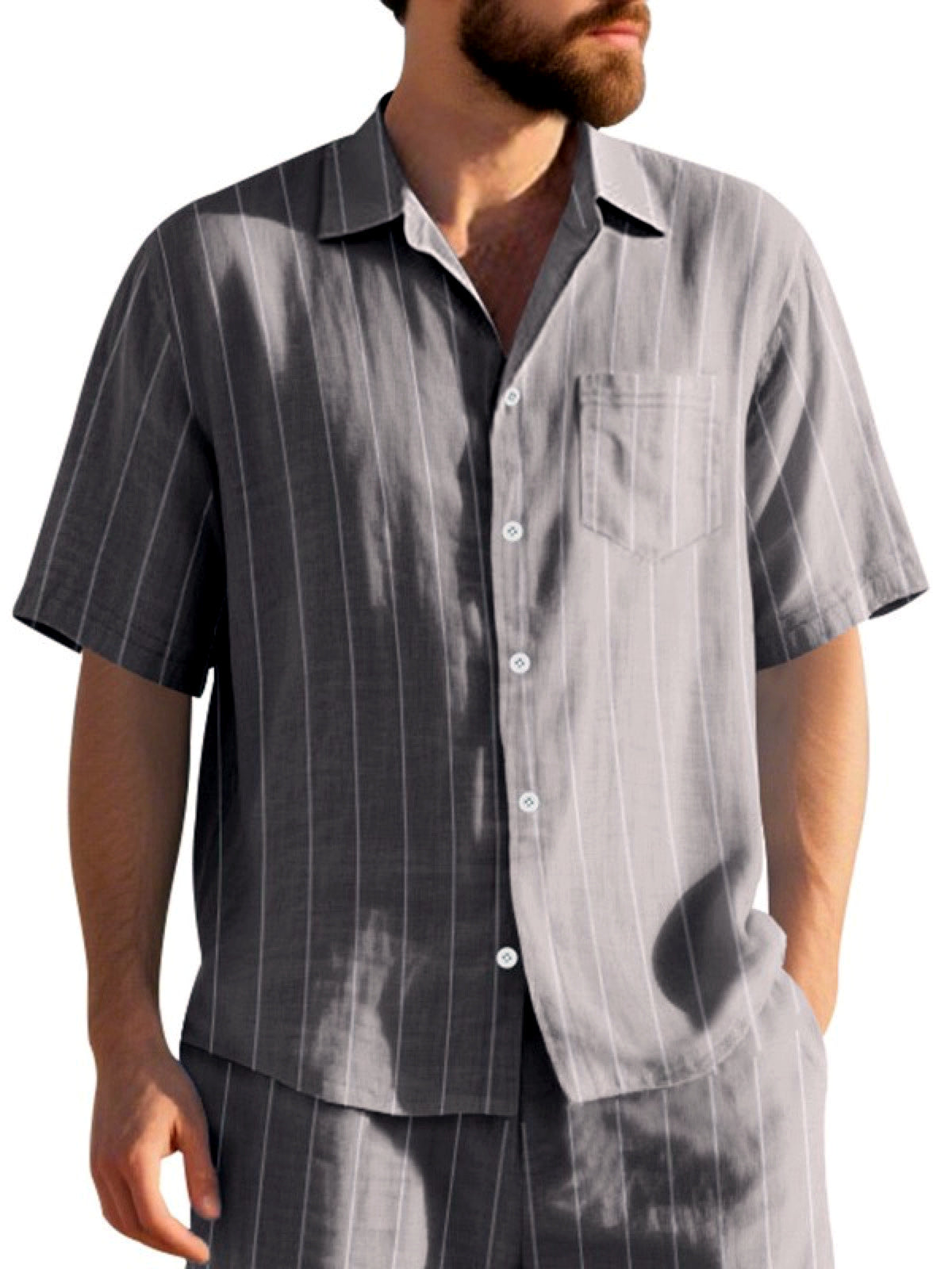 Men's Linen Blend Short Sleeve Shirt Lightweight Casual Summer Button Shirt in Gray - product view