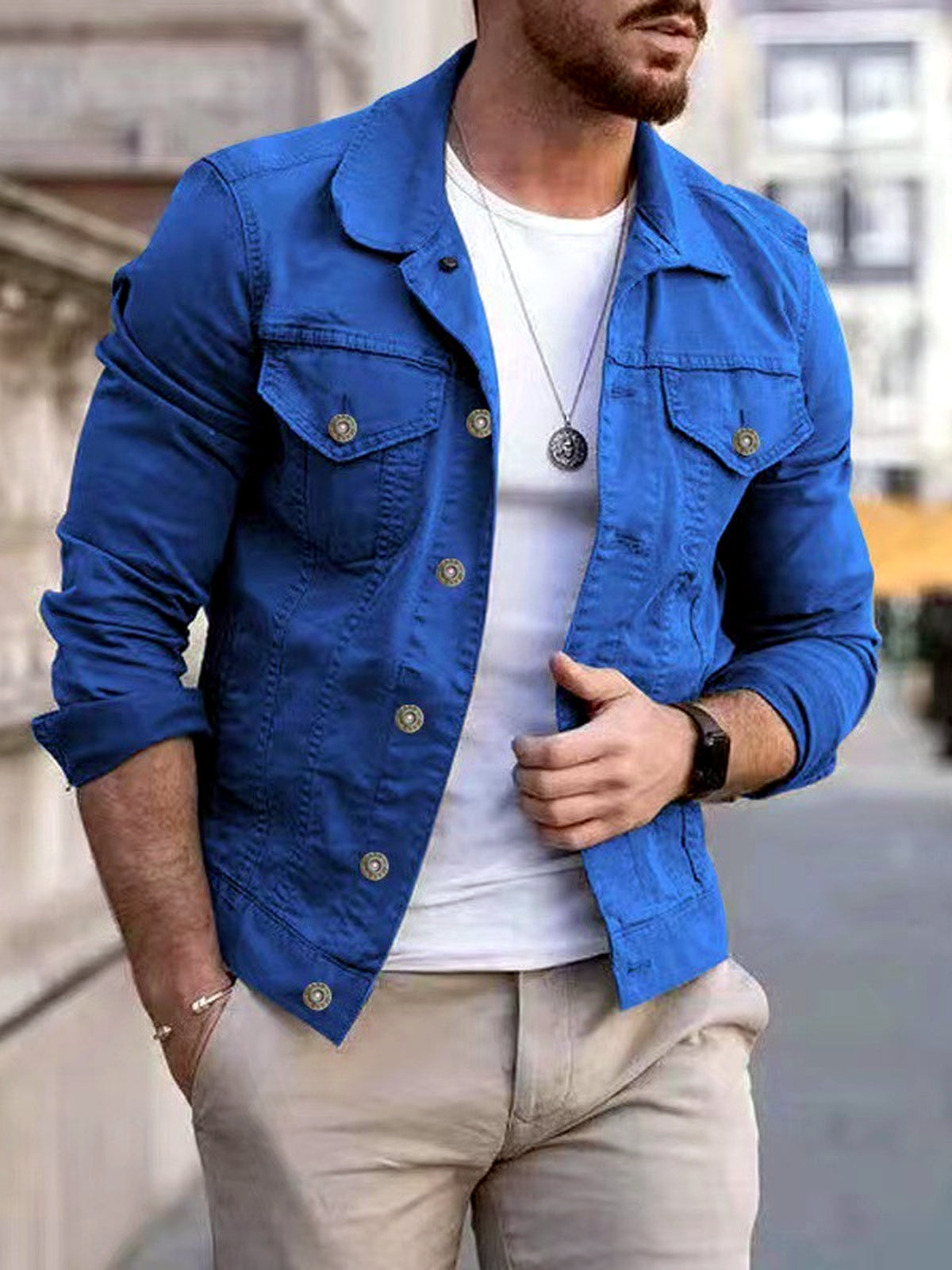 Men's Stand Collar Solid Color Slim Fit Long Sleeve Jacket for Everyday Smart-Casual Wear in Blue - product view