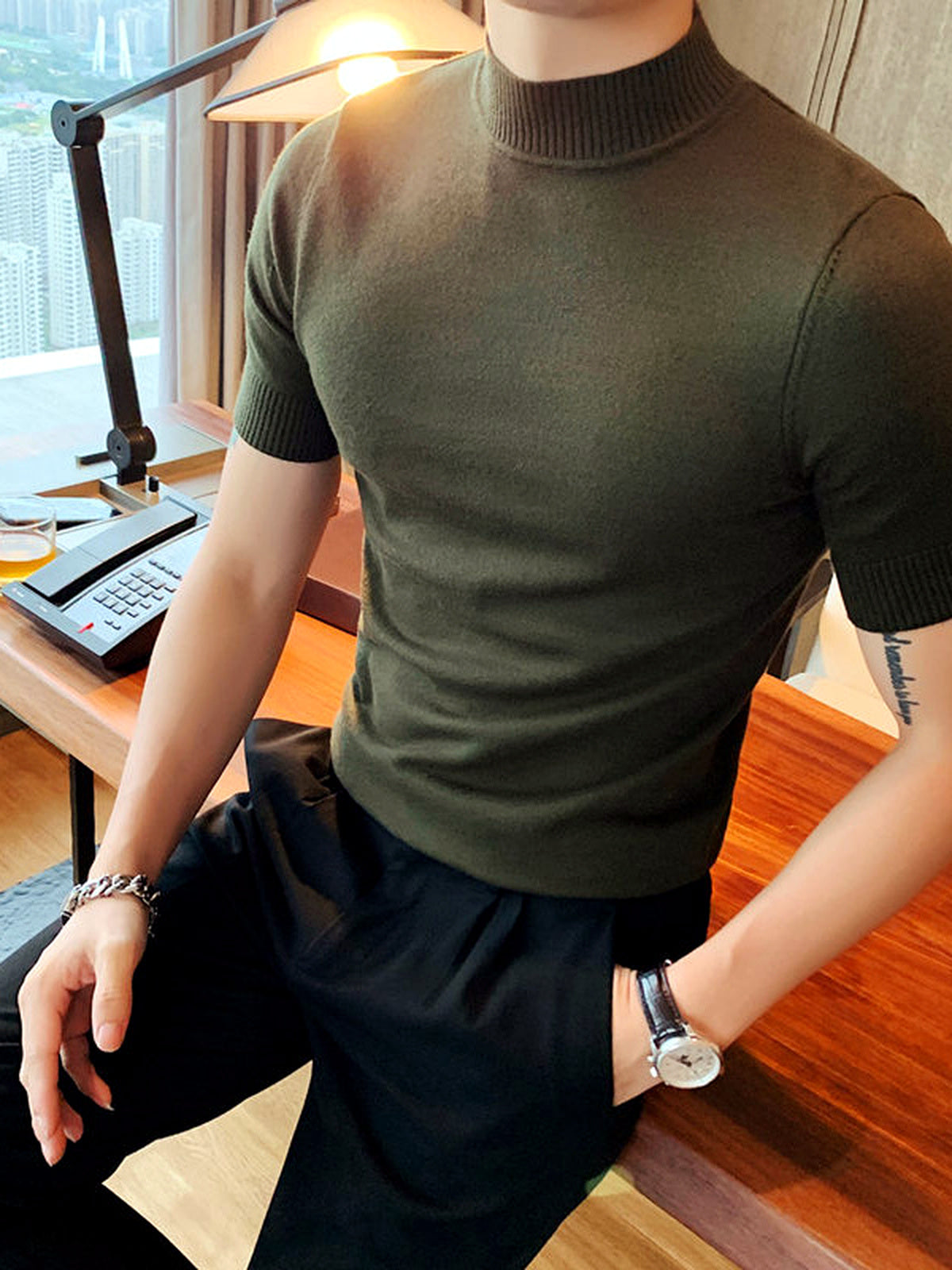 Men's Quick-Dry Henley Short Sleeve T-Shirt in Army Green - product view