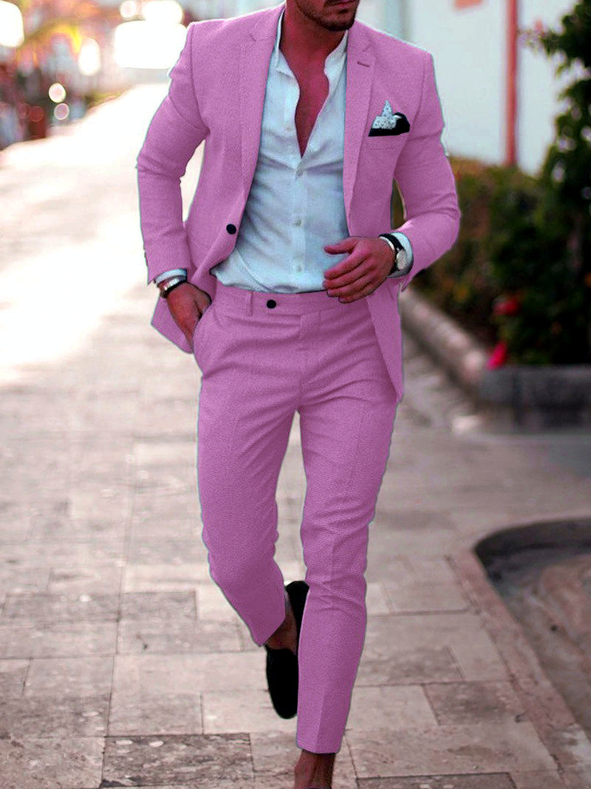 Men's Lightweight Business Blazer and Pants Set Casual Suit Outfit in Light Purple - product view