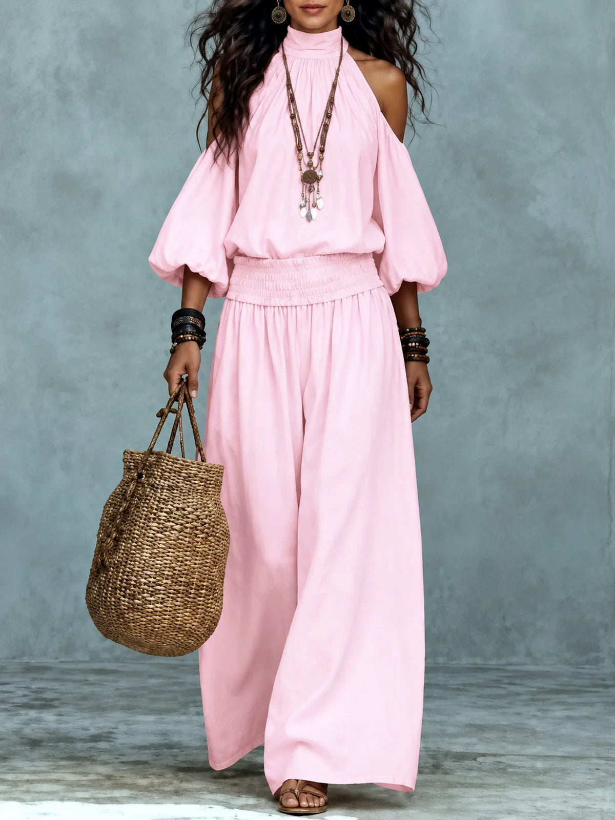 Women's Top and Wide-Leg Pants Two-Piece Set in Red - product view