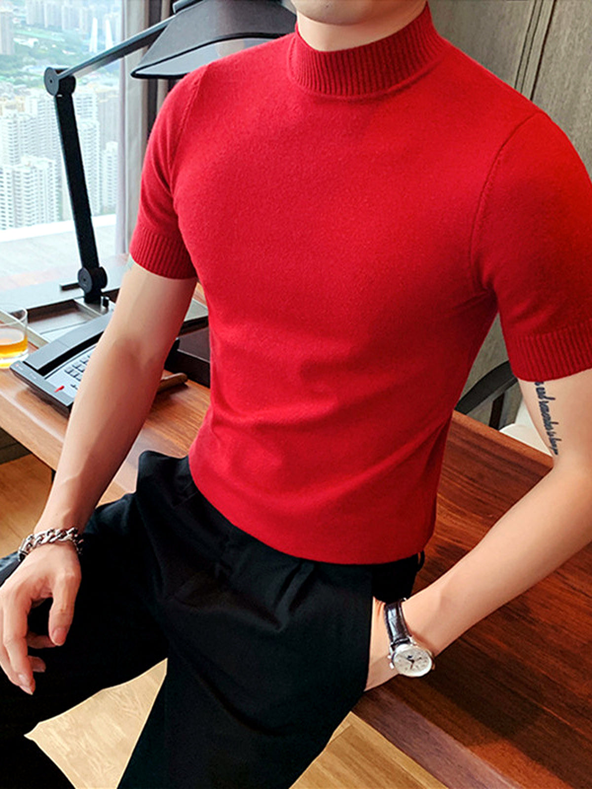 Men's Quick-Dry Henley Short Sleeve T-Shirt in Red - product view