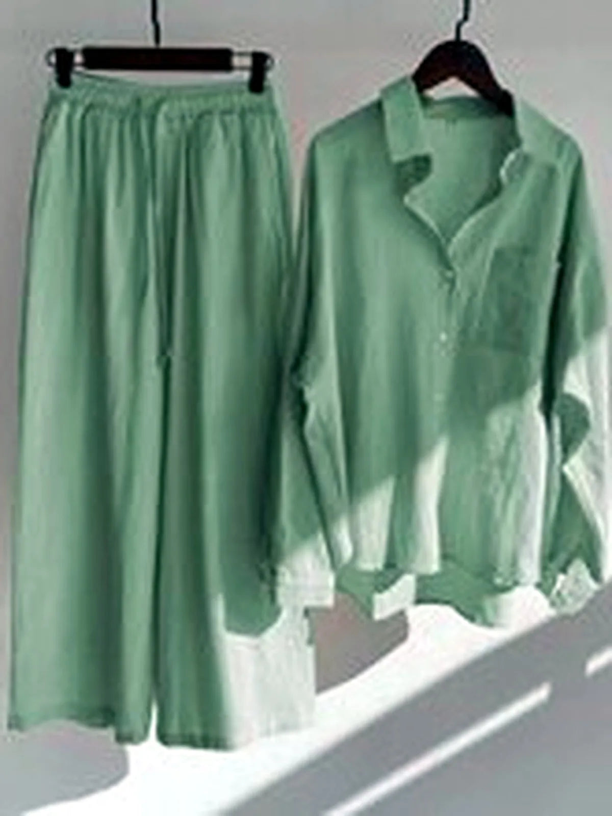 Women's Cotton Linen Two Piece Set with Shirt and Pants in Green - product view
