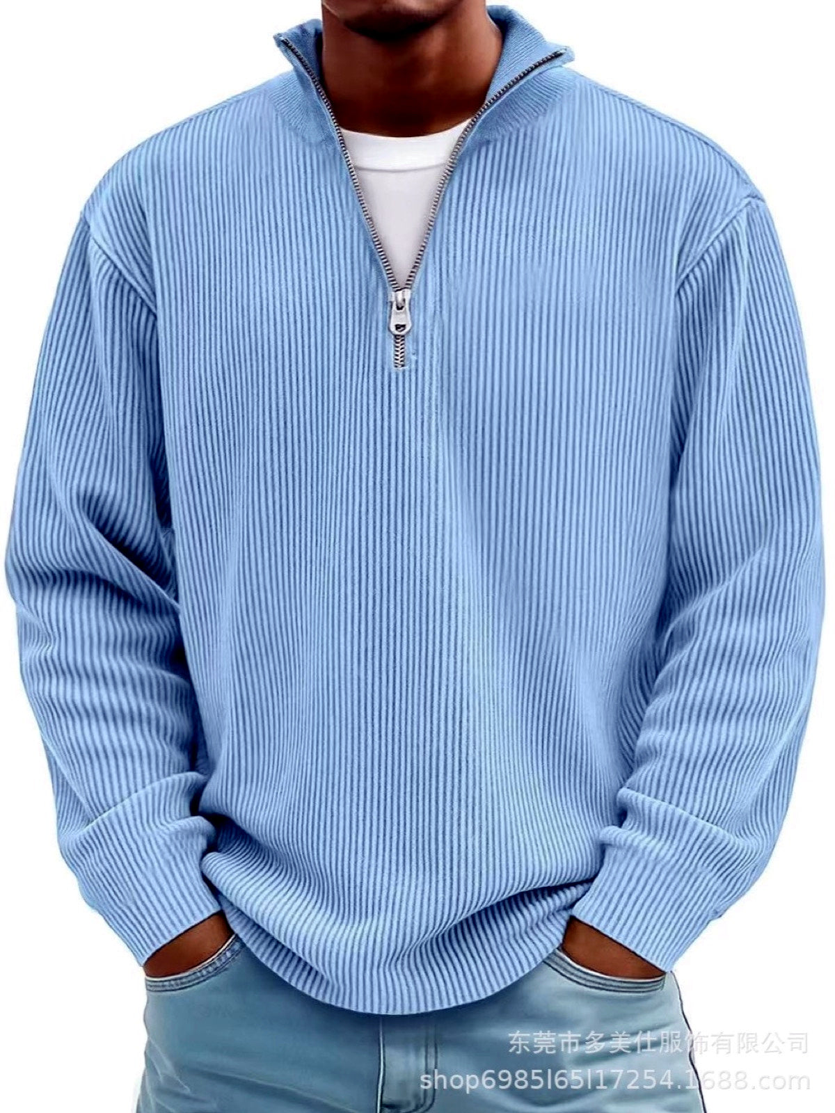 Men's Corduroy Quarter-Zip Stand Collar Long Sleeve Polo Shirt in Sky Blue - product view