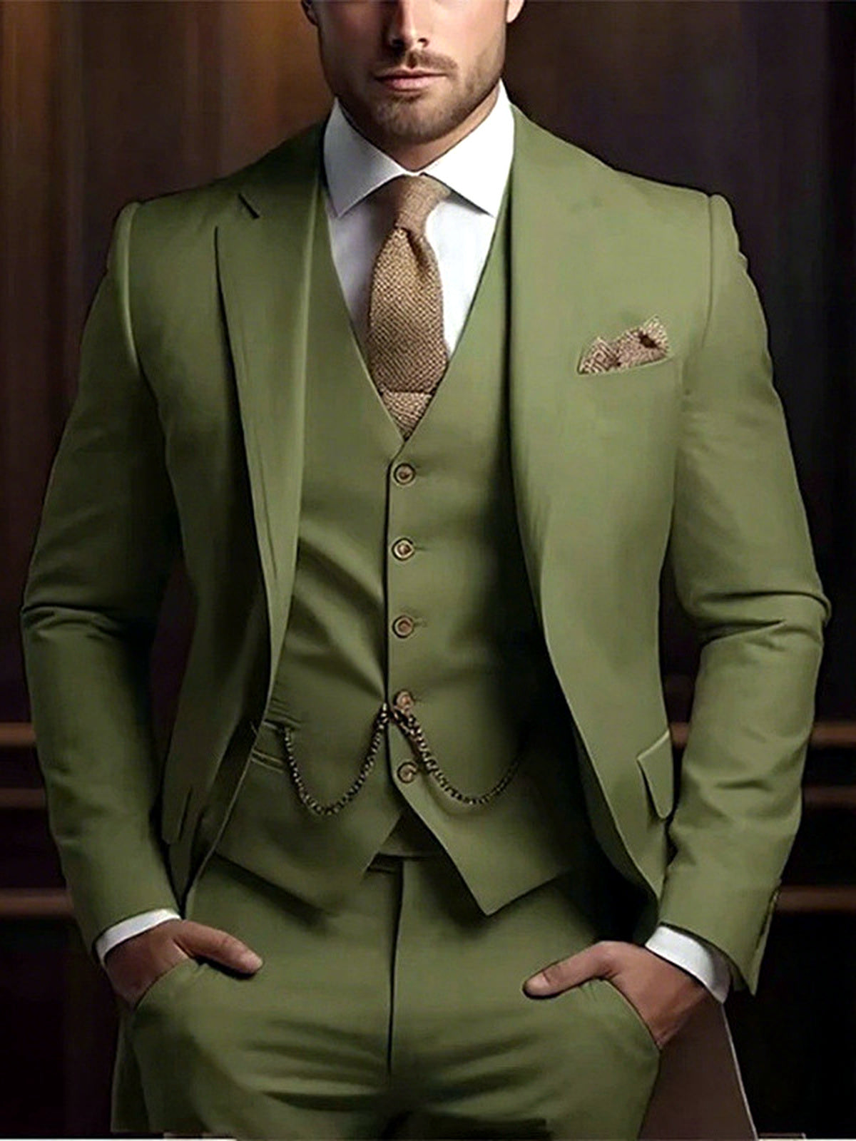 Men's Jacquard Blazer Suit Jacket One Button Party Banquet Formal Outfit in Army Green - product view
