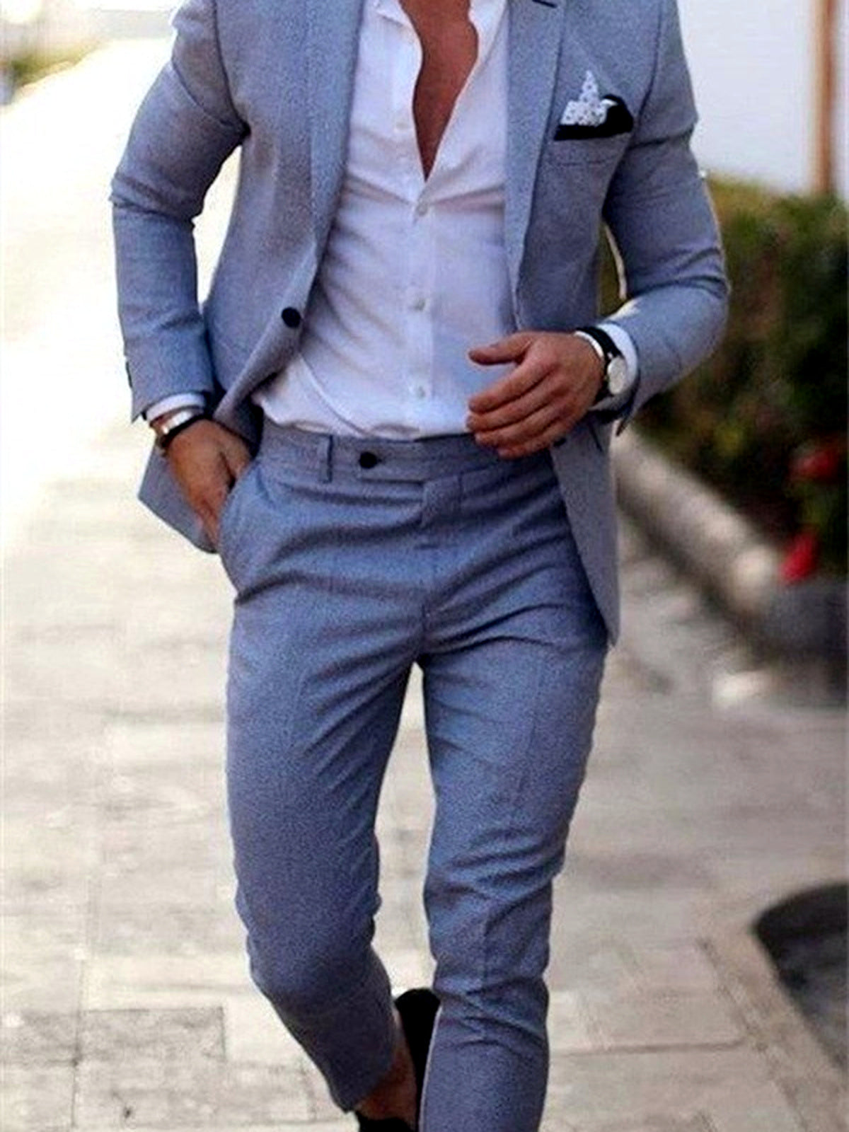 Men's Lightweight Business Blazer and Pants Set Casual Suit Outfit in Light Blue - product view