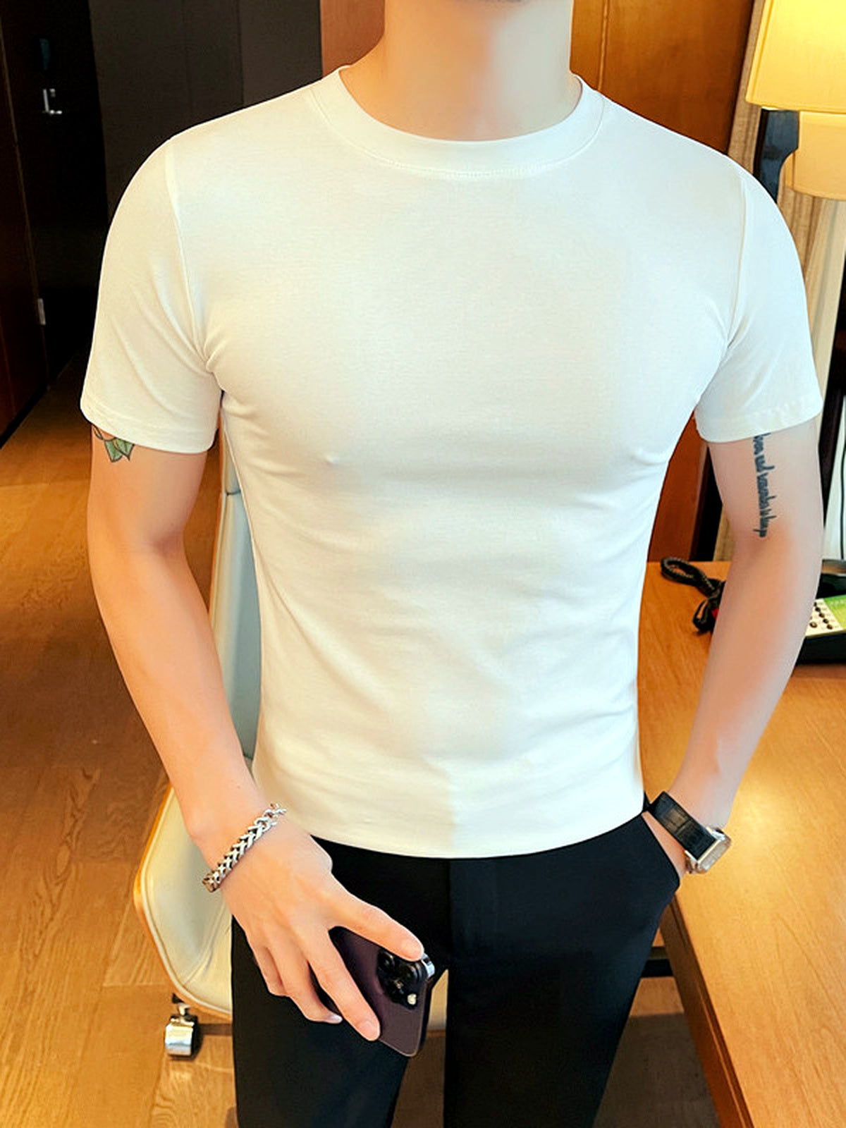 Men's Quick-Dry Henley Short Sleeve T-Shirt in WhiteCrew neck - product view