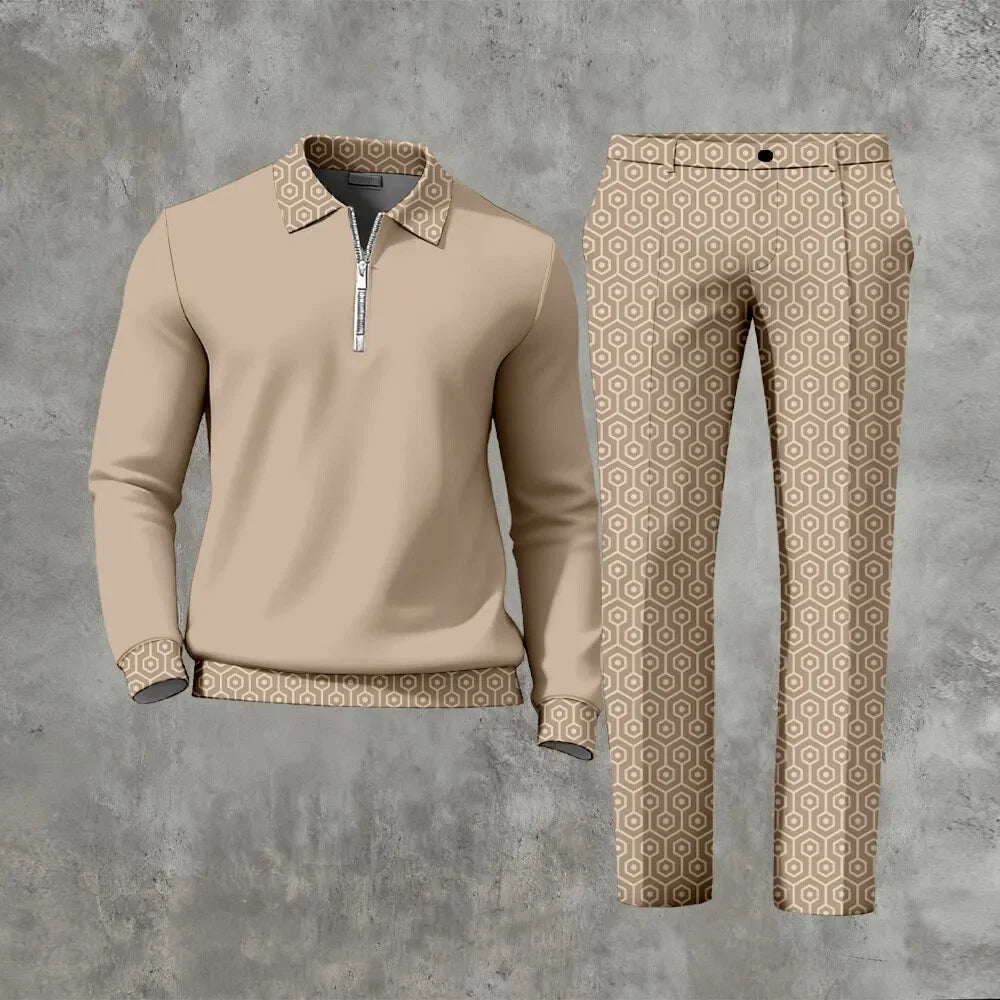Men's Casual Color Matching Printed Polo-Collar Zipper Long Sleeved Trousers Two-Piece Set 1120