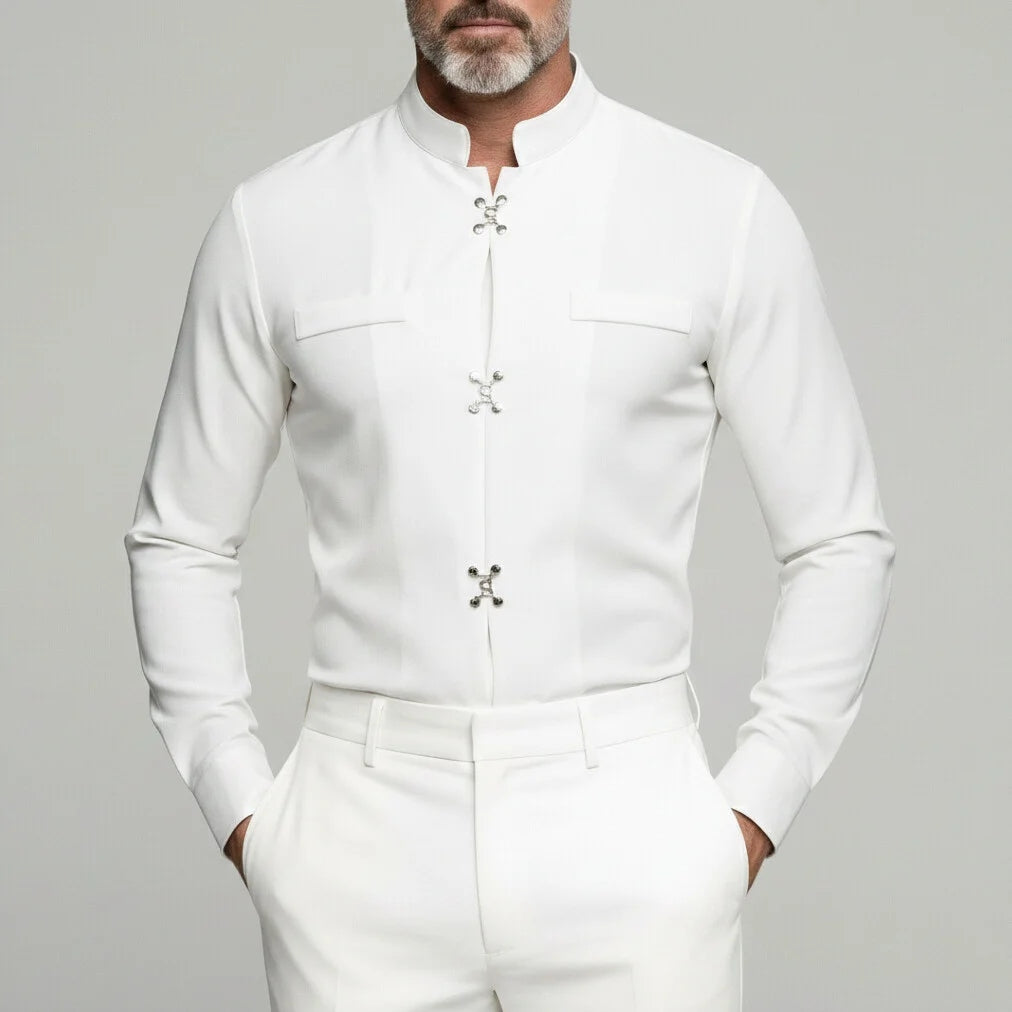 Men's Solid Stand Collar Metal Button Long Sleeve Shirts