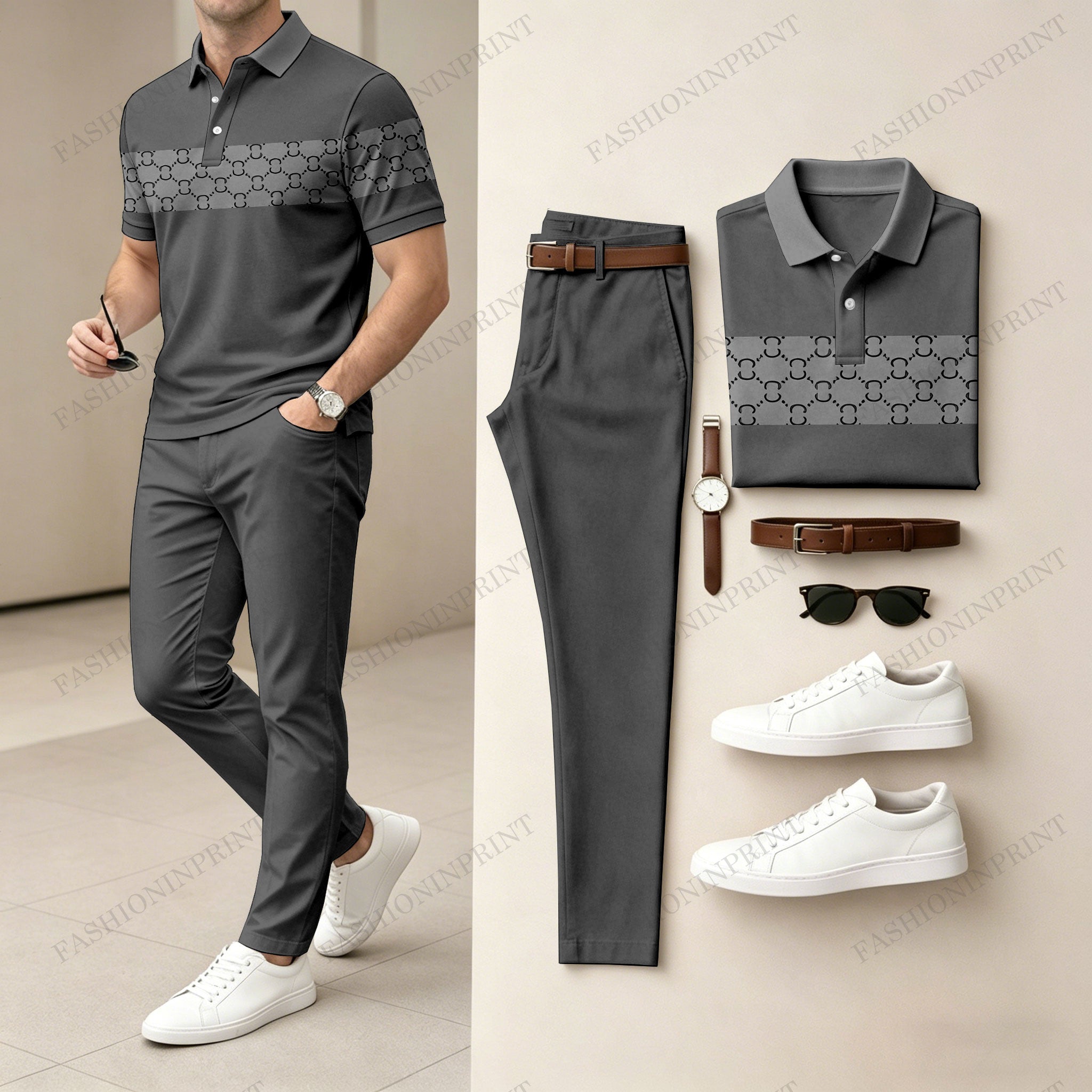 Men's Casual Black & Brown Plaid Printed Polo Shirt And Pants Two-Piece Set 204499