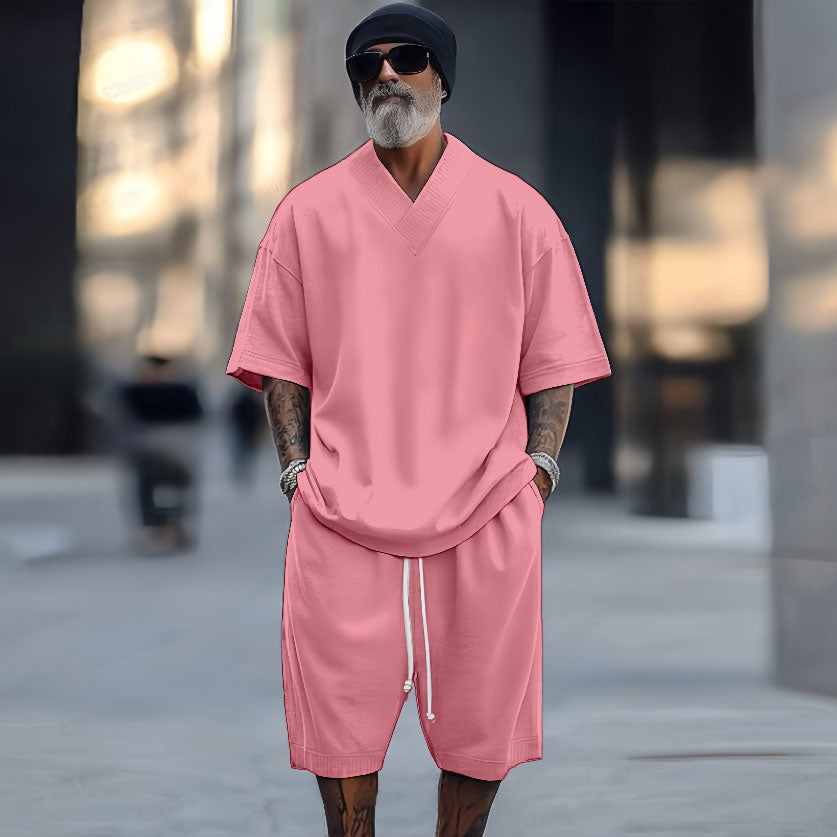 Men's Styles Casual Solid Color V-Neck Short-Sleeved Two-Piece Set