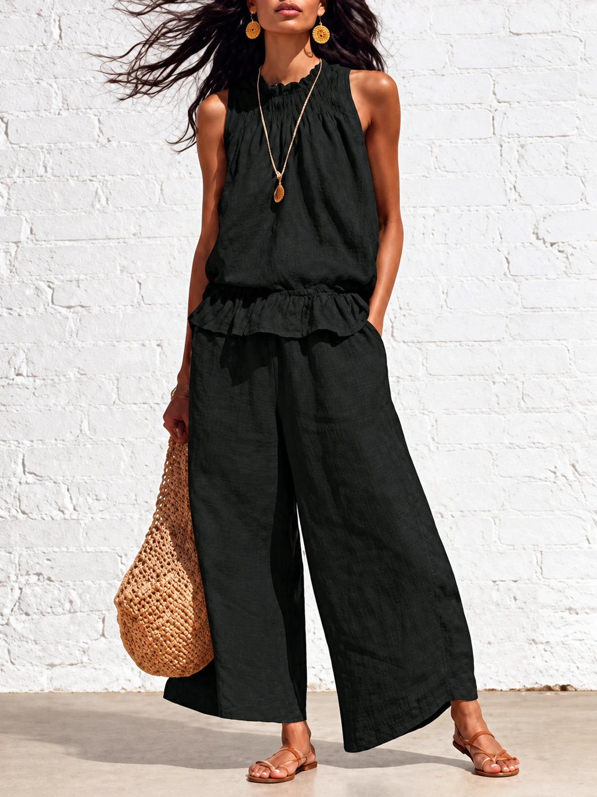 Women's Cotton Linen Two Piece Set with Top and Wide Leg Pants in Black - product view