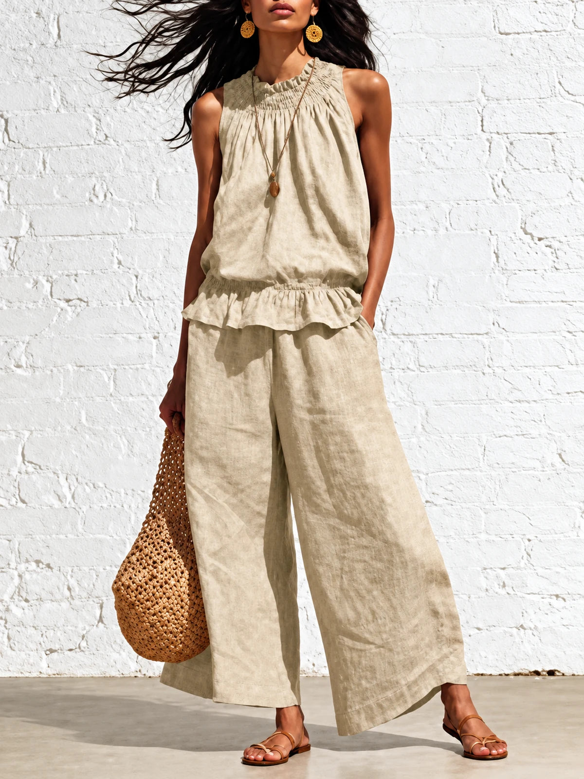 Women's Cotton Linen Two Piece Set with Top and Wide Leg Pants in Khaki - product view