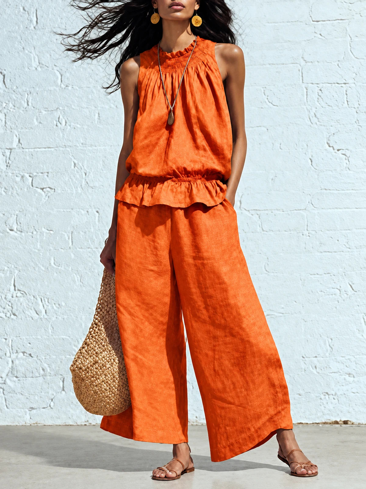 Women's Cotton Linen Two Piece Set with Top and Wide Leg Pants in Orange - product view