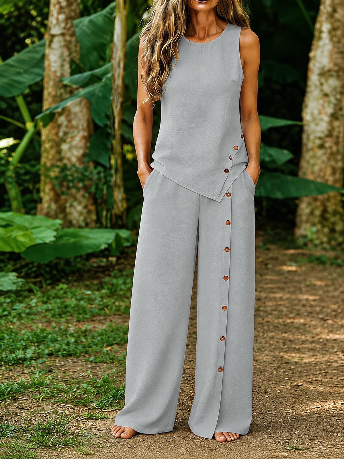 Women's Sleeveless Asymmetric Button-Detail Top & Wide-Leg Pants Set - product view 10