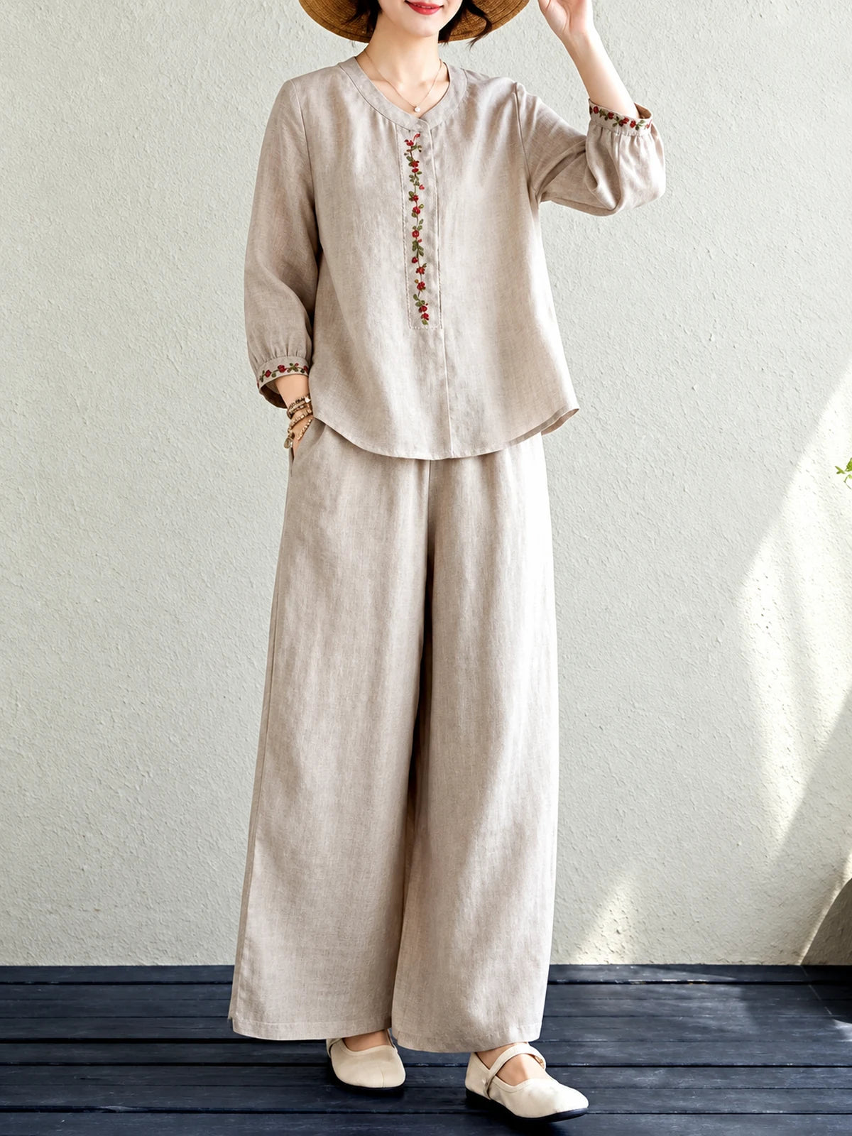 Vintage Embroidered Relaxed Shirt & Pants Two-Piece Set in Beige - product view
