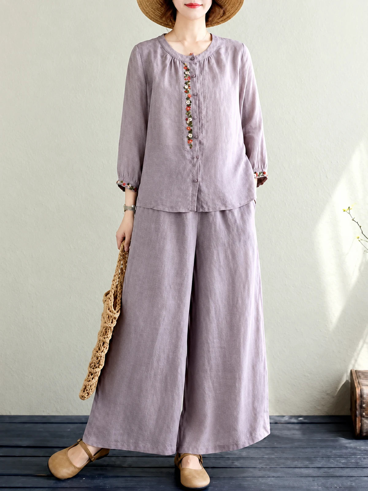 Vintage Embroidered Relaxed Shirt & Pants Two-Piece Set in Purple - product view