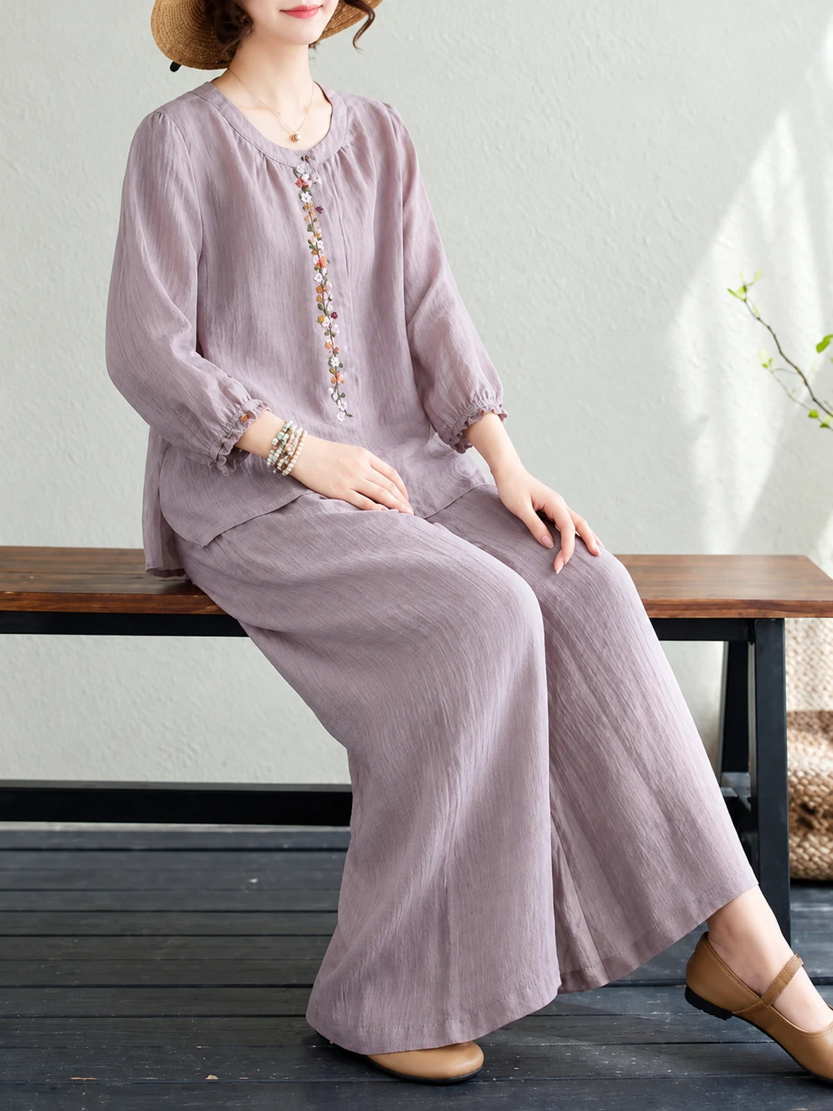 Vintage Embroidered Relaxed Shirt & Pants Two-Piece Set - product detail view 2