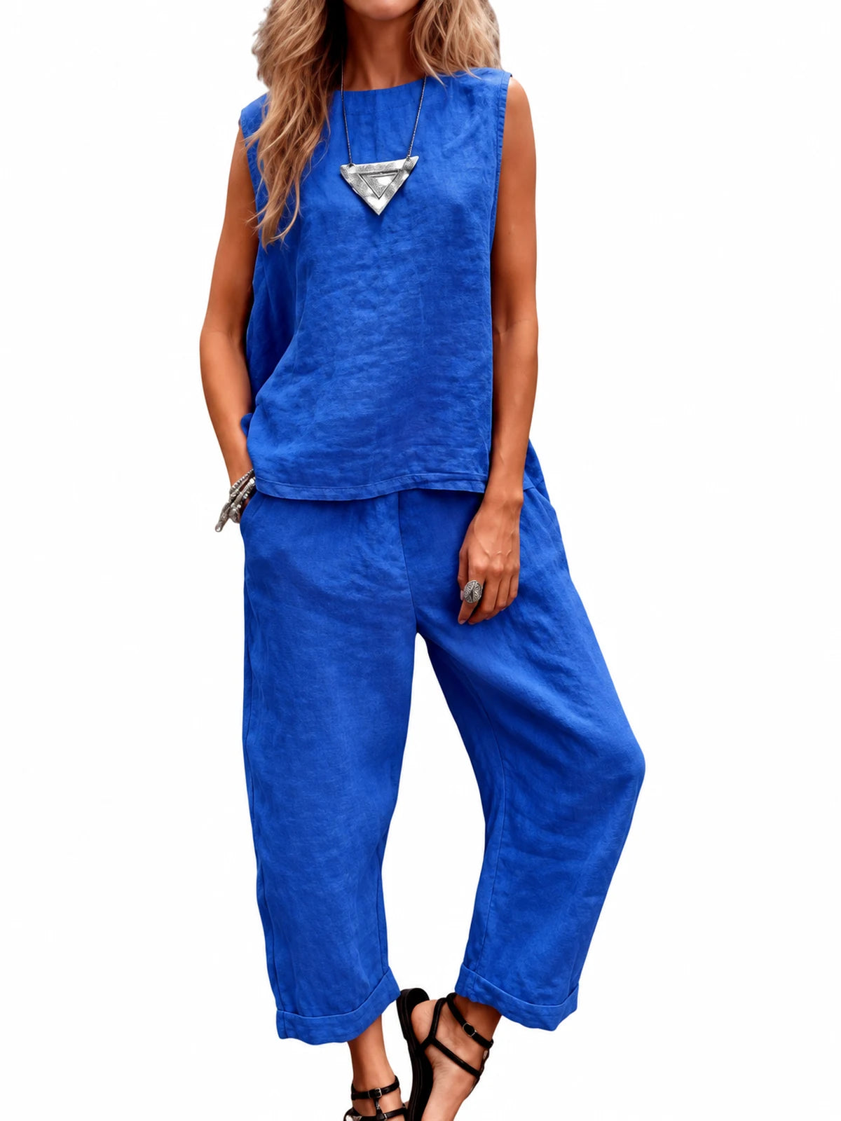 Women's Cotton Linen Two Piece Set with Top and Pants in Blue - product view