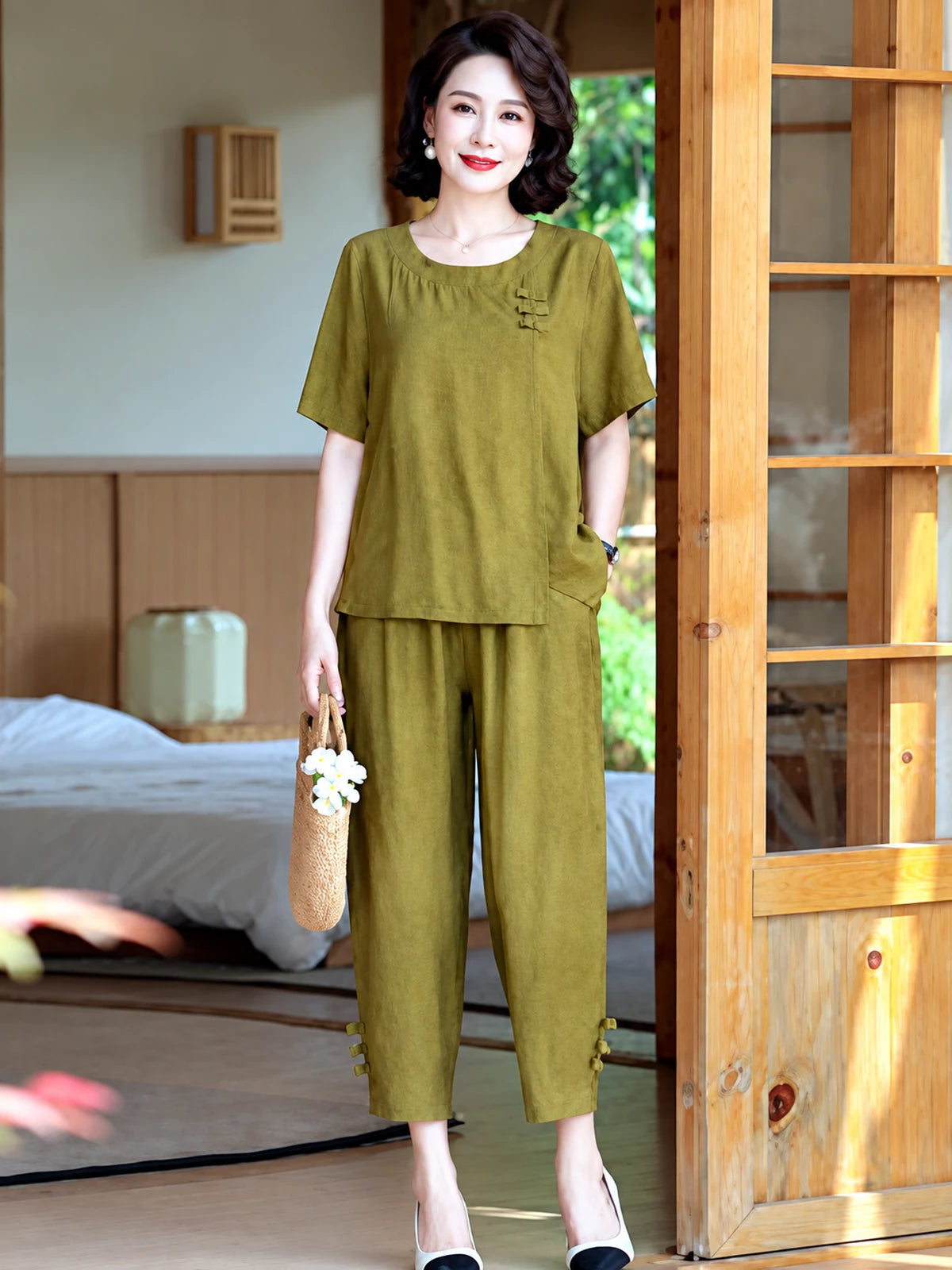 Women's Cotton Linen Two Piece Outfit Set - product detail view 4