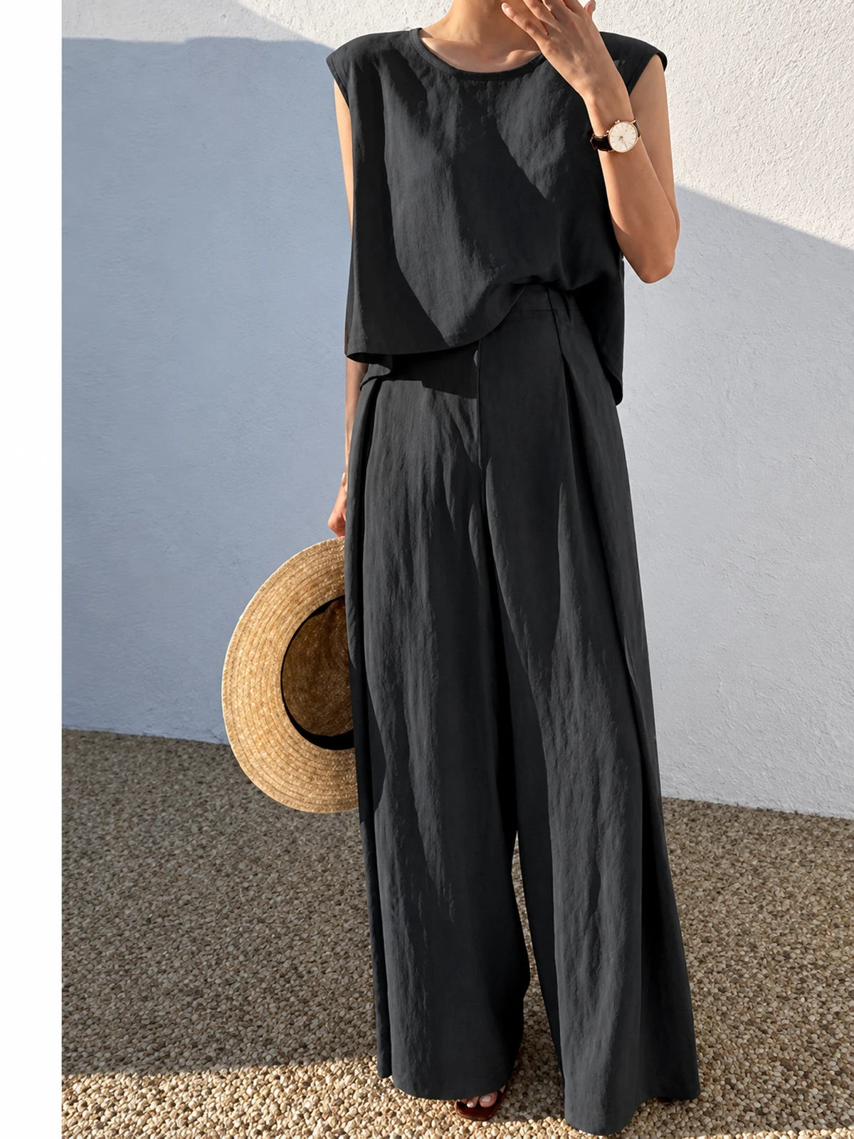 Women's Cotton Linen Two Piece Set with Top and Wide Leg Pants - product detail view 1