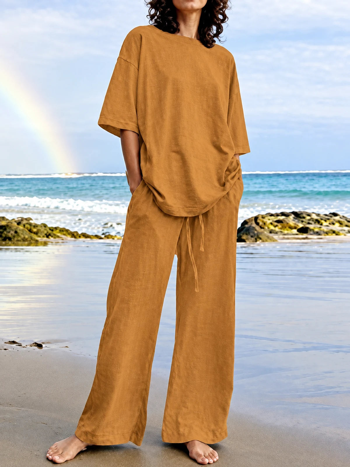 Women's Top and Wide-Leg Pants Two-Piece Set in Brown - product view