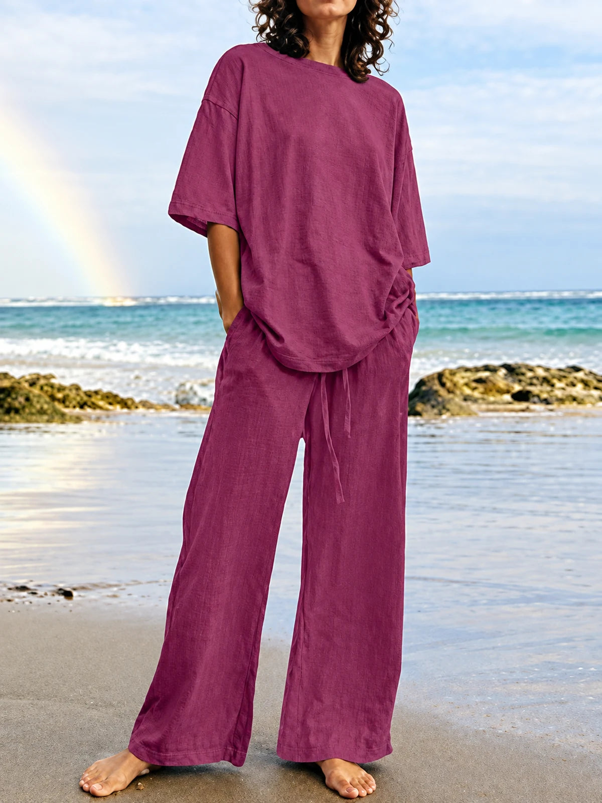 Women's Top and Wide-Leg Pants Two-Piece Set in Purple - product view