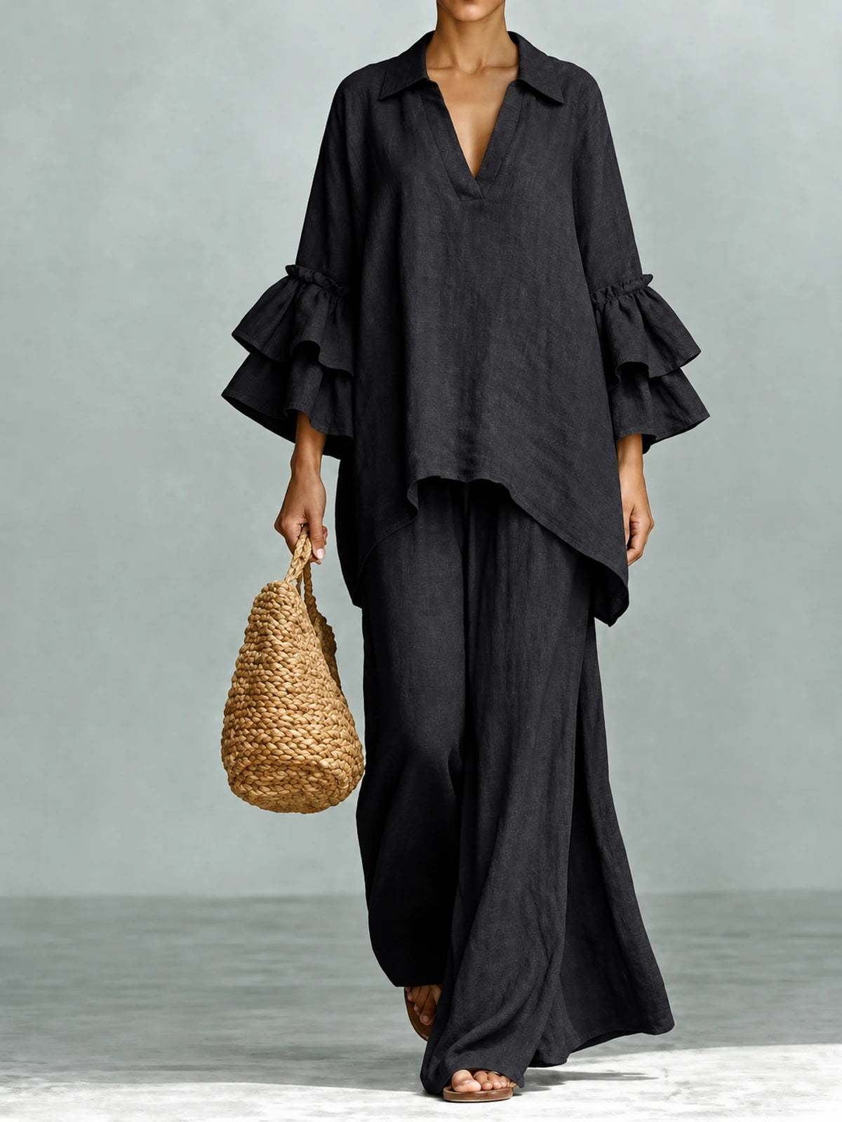 Women's Cotton Linen Two Piece Outfit Set in Black - product view
